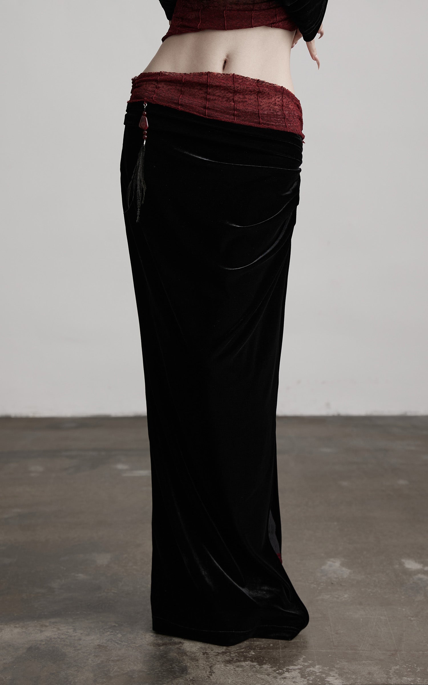 INDULGE Draped Velvet Skirt with Sheer Red Waist Detail