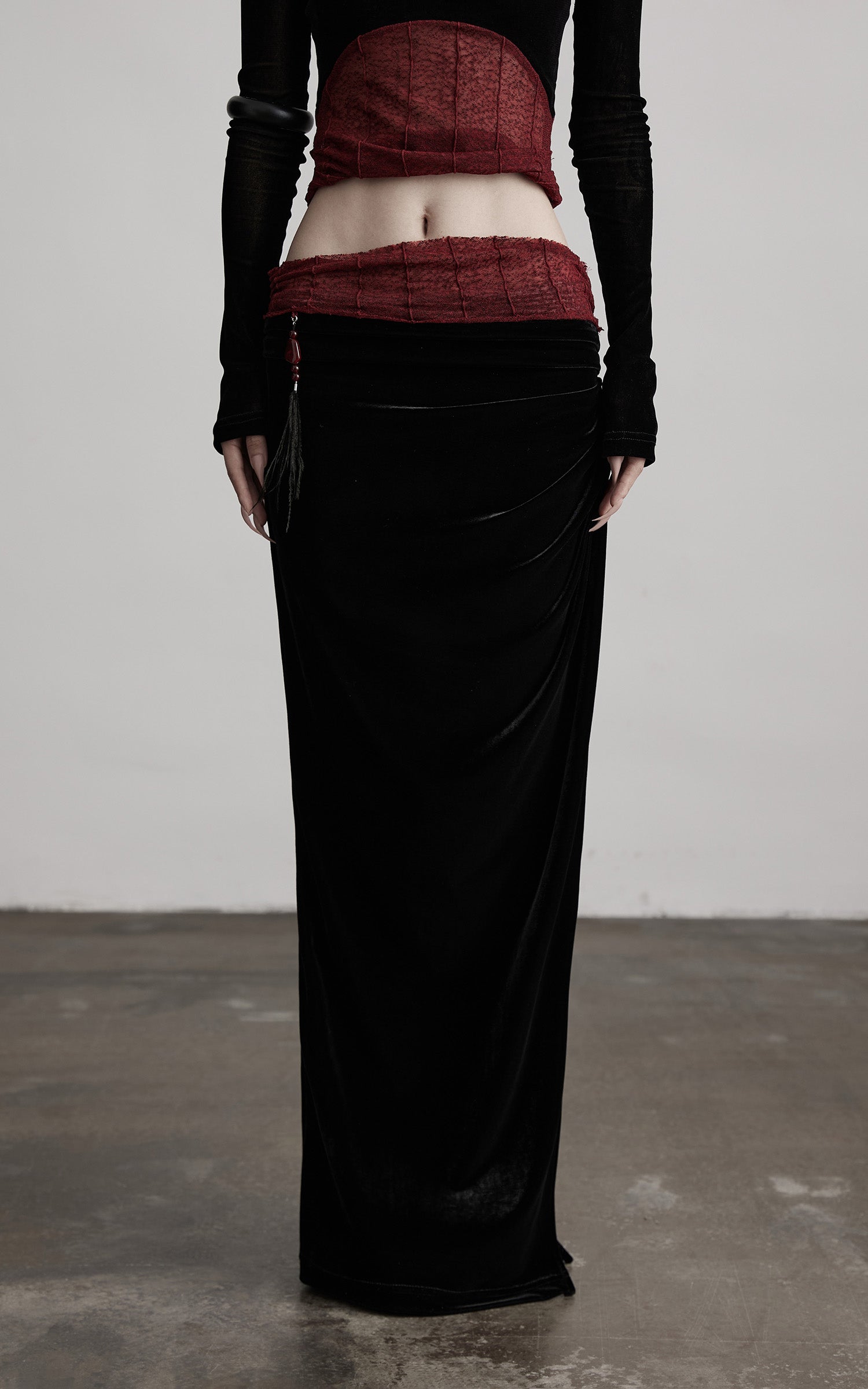 INDULGE Draped Velvet Skirt with Sheer Red Waist Detail
