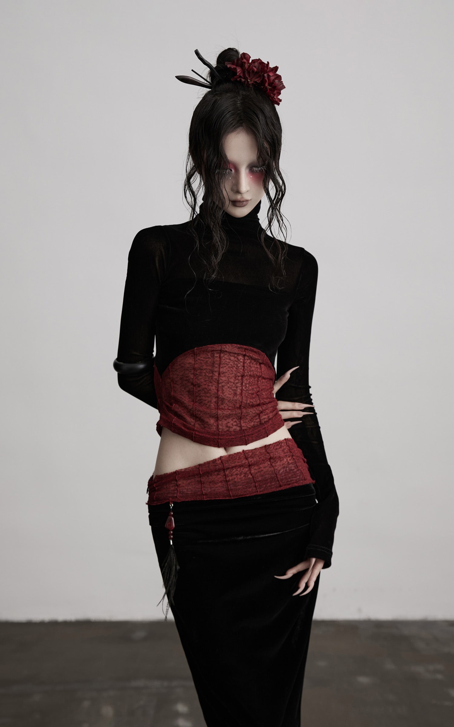 INDULGE Sheer Velvet Long Sleeve Top with Contrast Red Panel