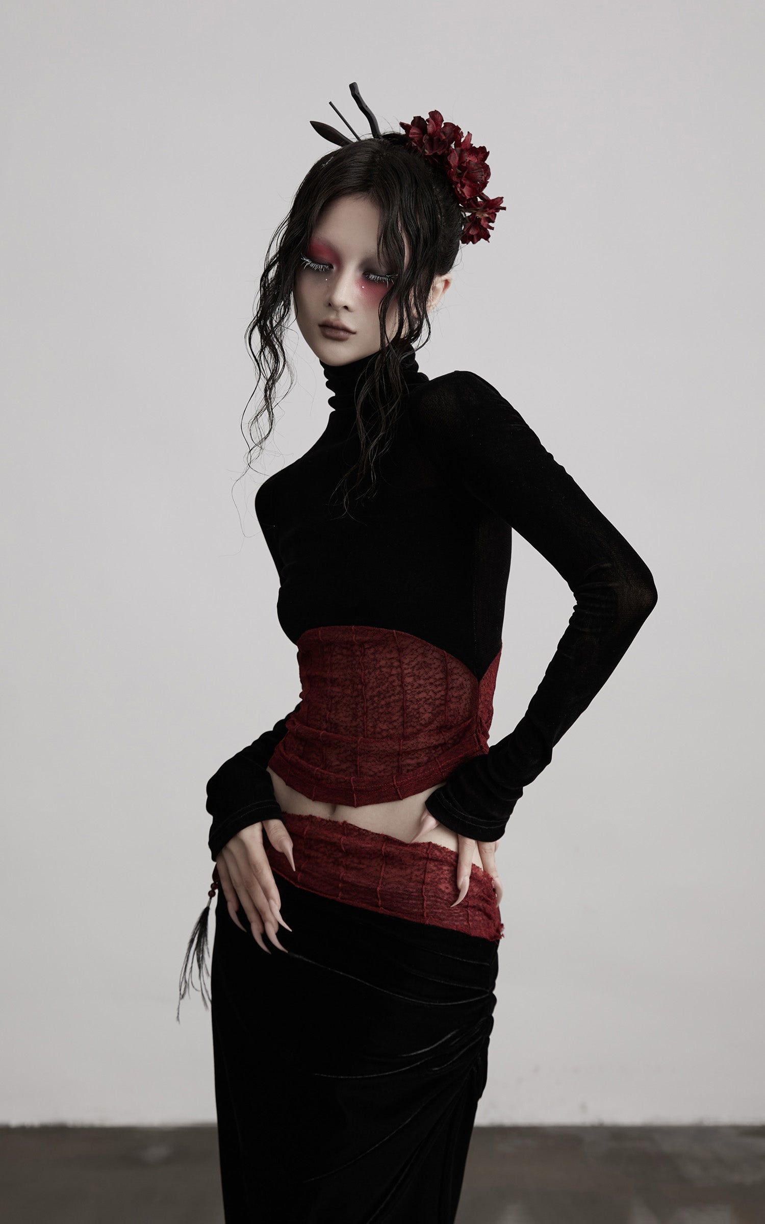 INDULGE Sheer Velvet Long Sleeve Top with Contrast Red Panel