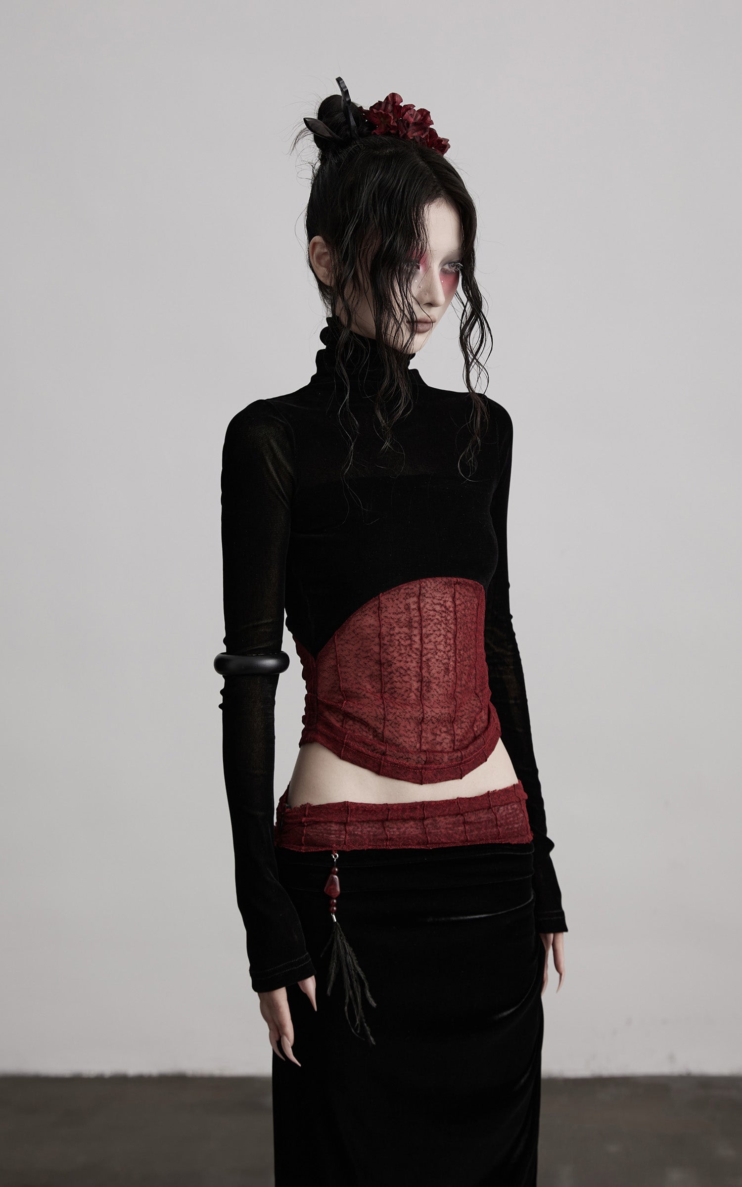 INDULGE Sheer Velvet Long Sleeve Top with Contrast Red Panel