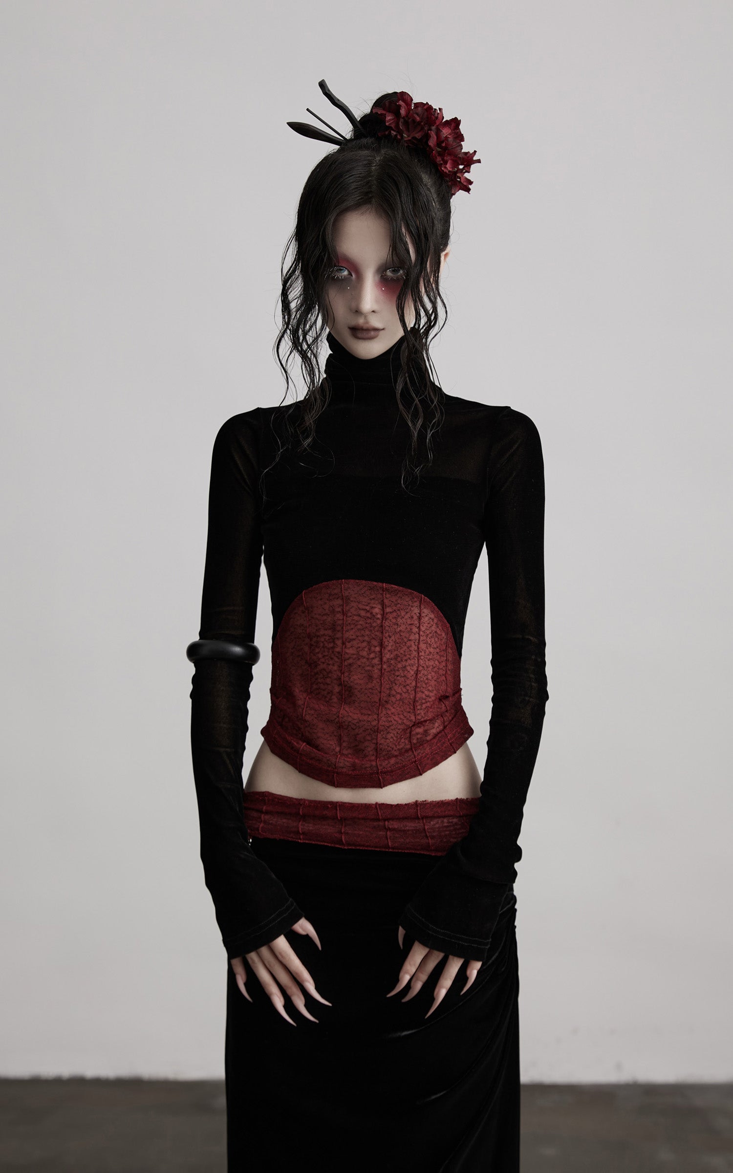 INDULGE Sheer Velvet Long Sleeve Top with Contrast Red Panel