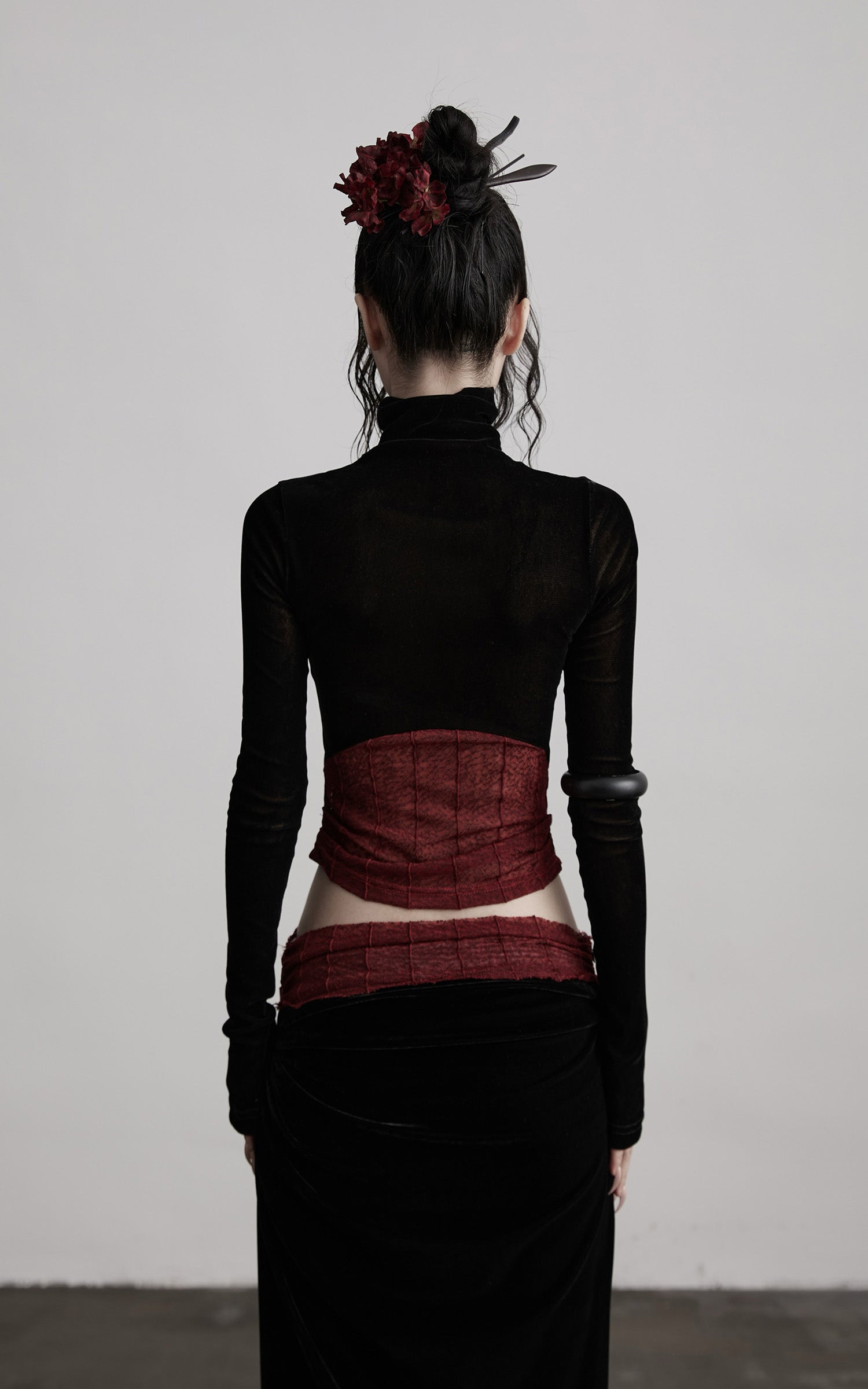 INDULGE Sheer Velvet Long Sleeve Top with Contrast Red Panel
