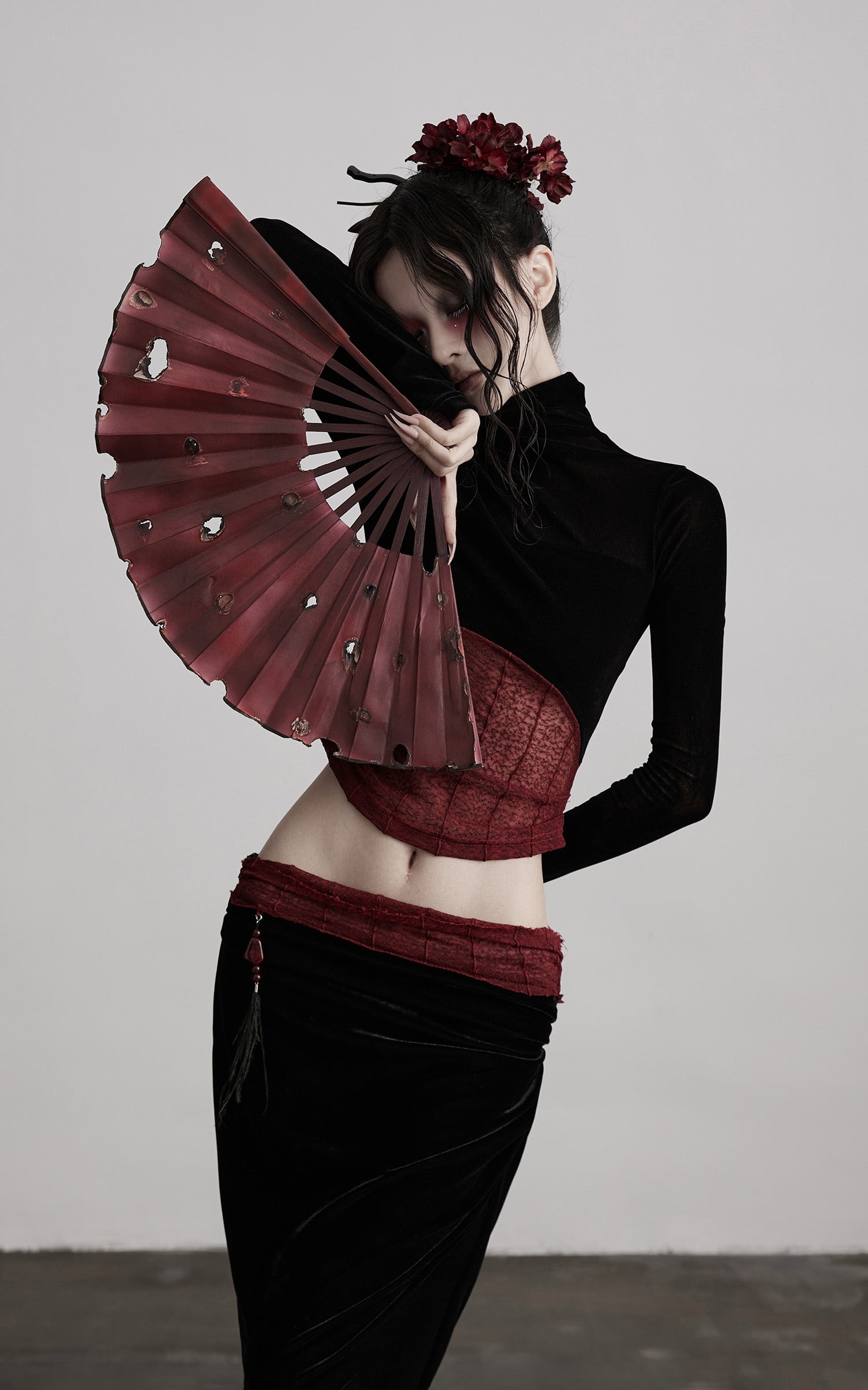 INDULGE Sheer Velvet Long Sleeve Top with Contrast Red Panel