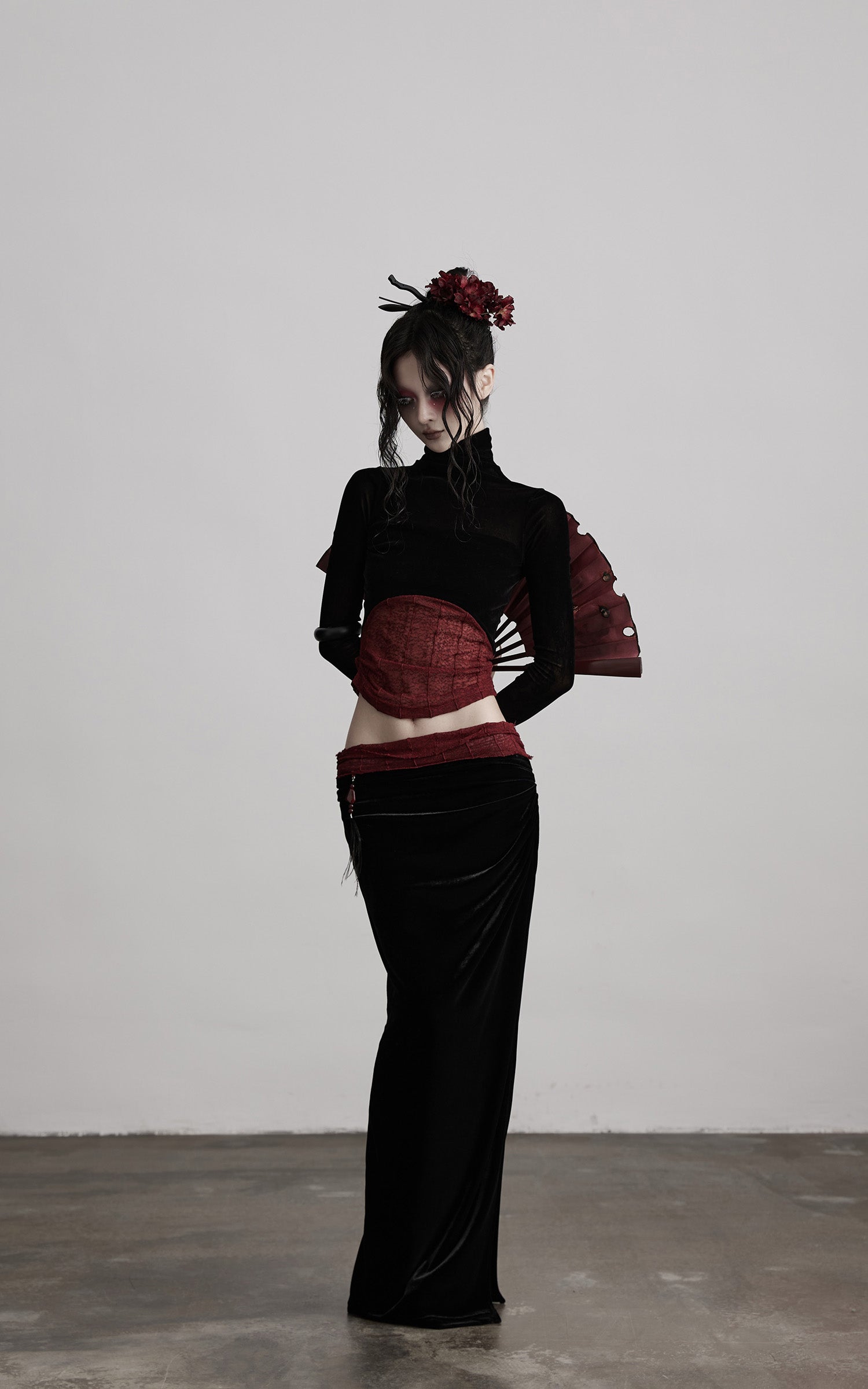 INDULGE Sheer Velvet Long Sleeve Top with Contrast Red Panel