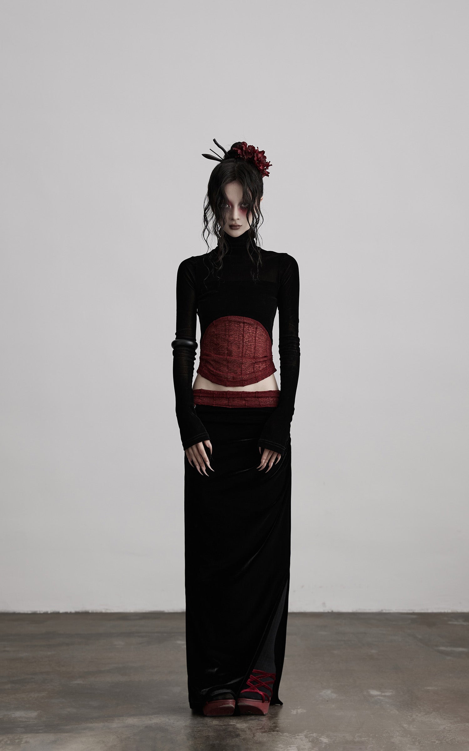 INDULGE Draped Velvet Skirt with Sheer Red Waist Detail