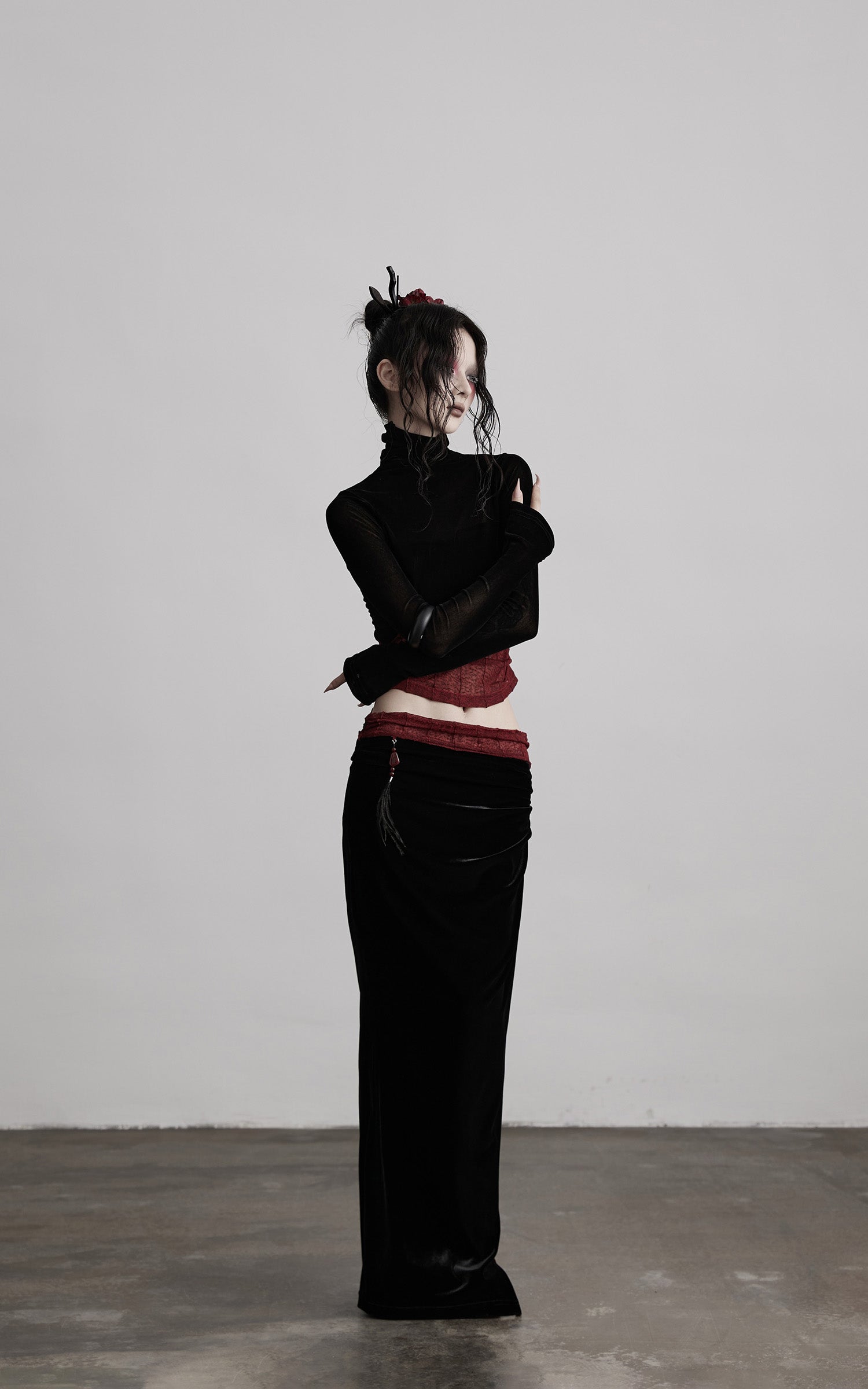INDULGE Sheer Velvet Long Sleeve Top with Contrast Red Panel