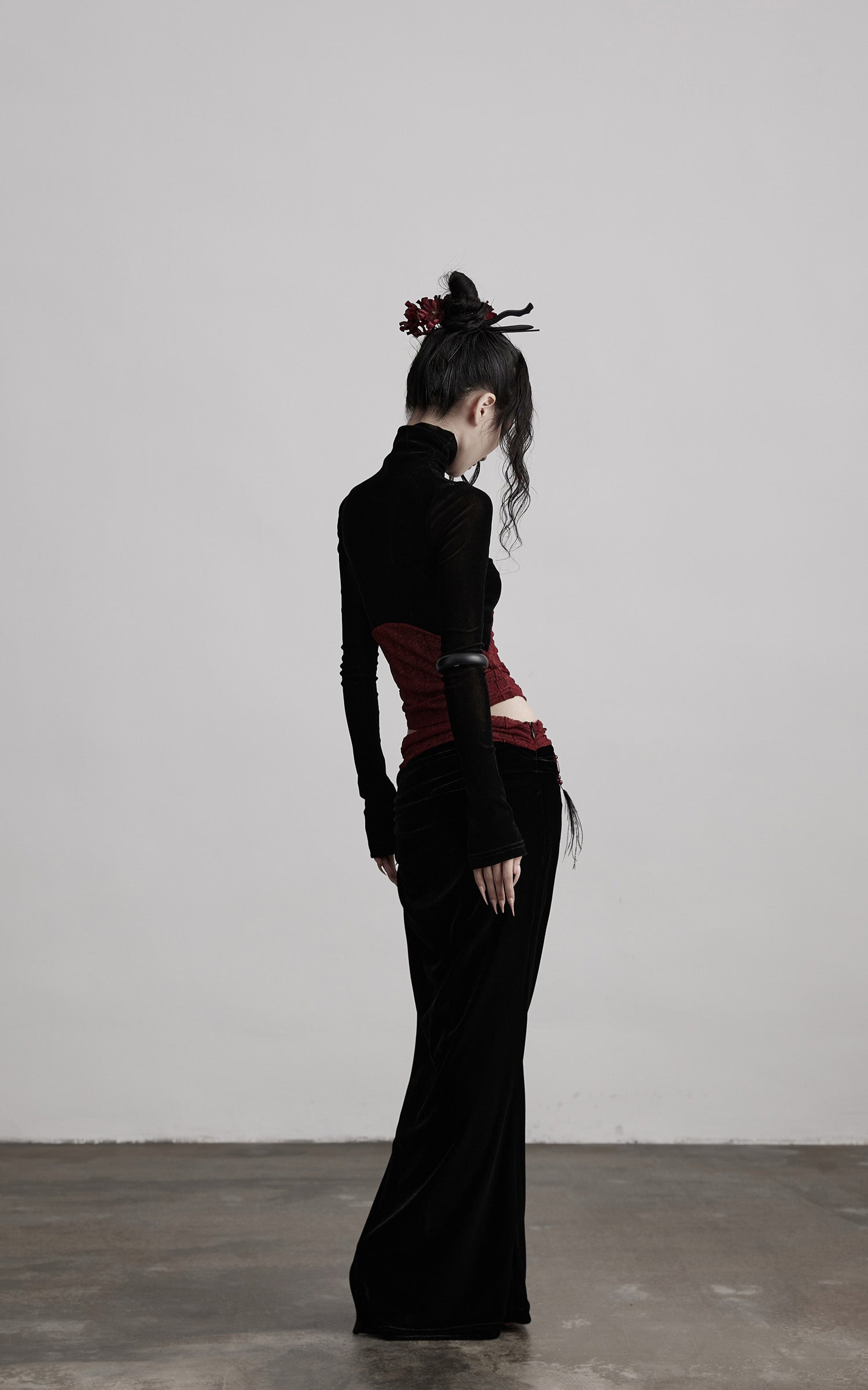 INDULGE Sheer Velvet Long Sleeve Top with Contrast Red Panel