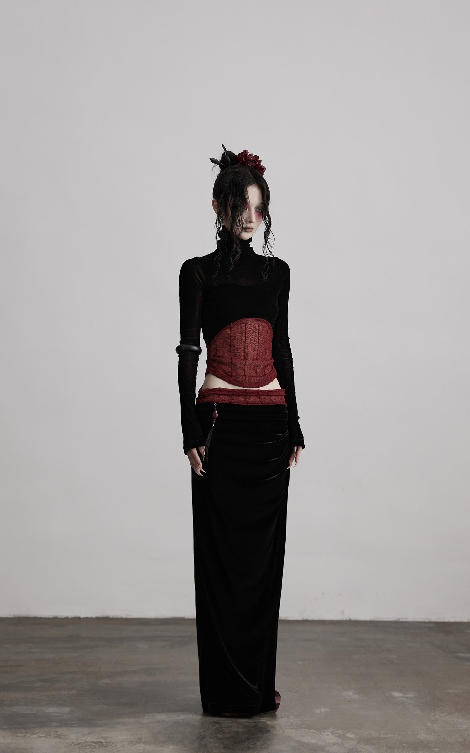 INDULGE Sheer Velvet Long Sleeve Top with Contrast Red Panel