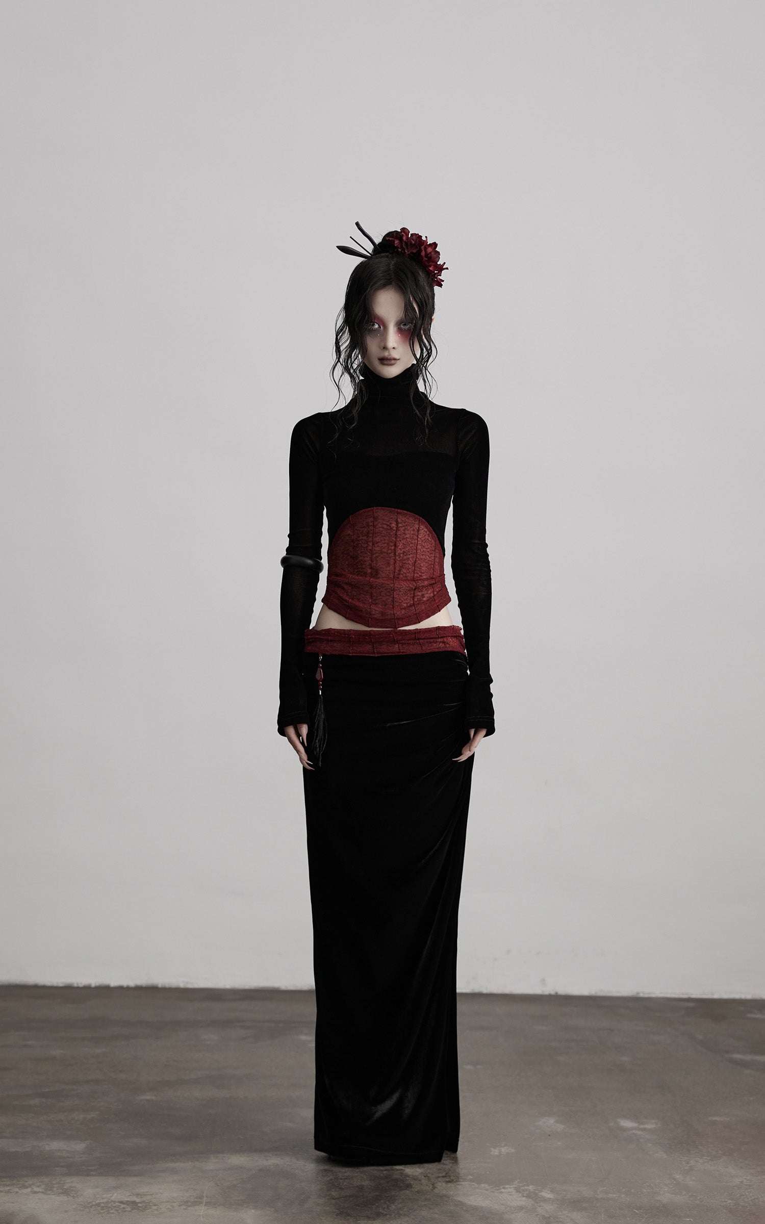 INDULGE Draped Velvet Skirt with Sheer Red Waist Detail
