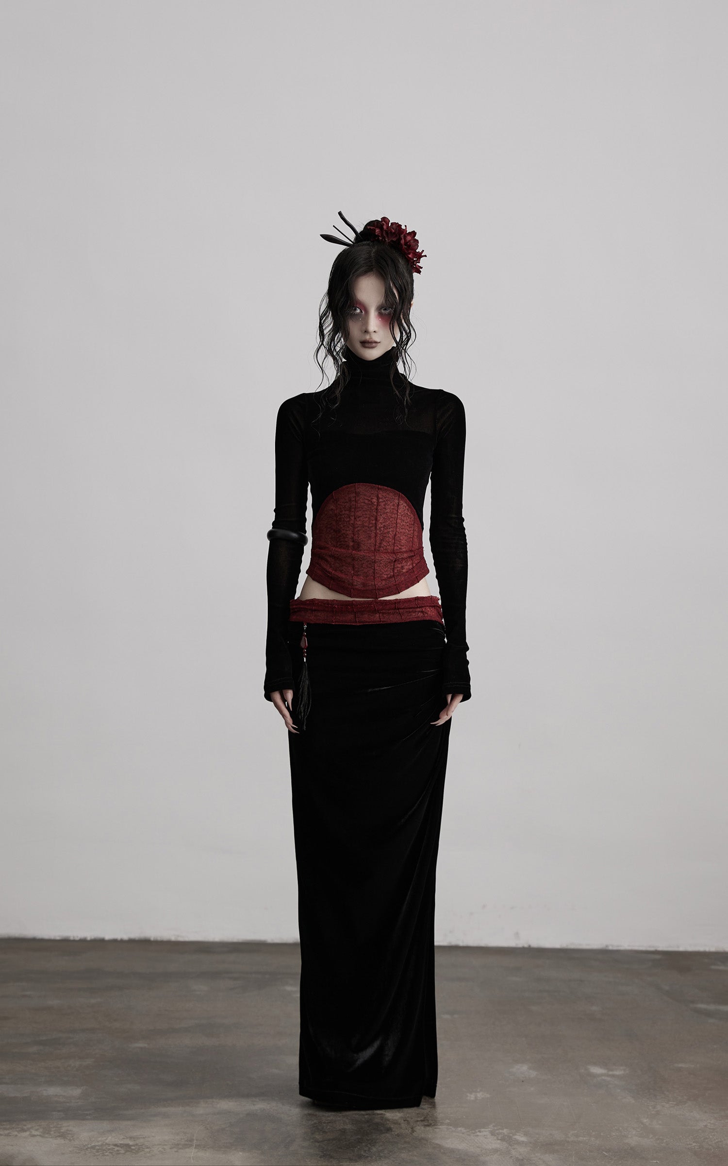 INDULGE Sheer Velvet Long Sleeve Top with Contrast Red Panel