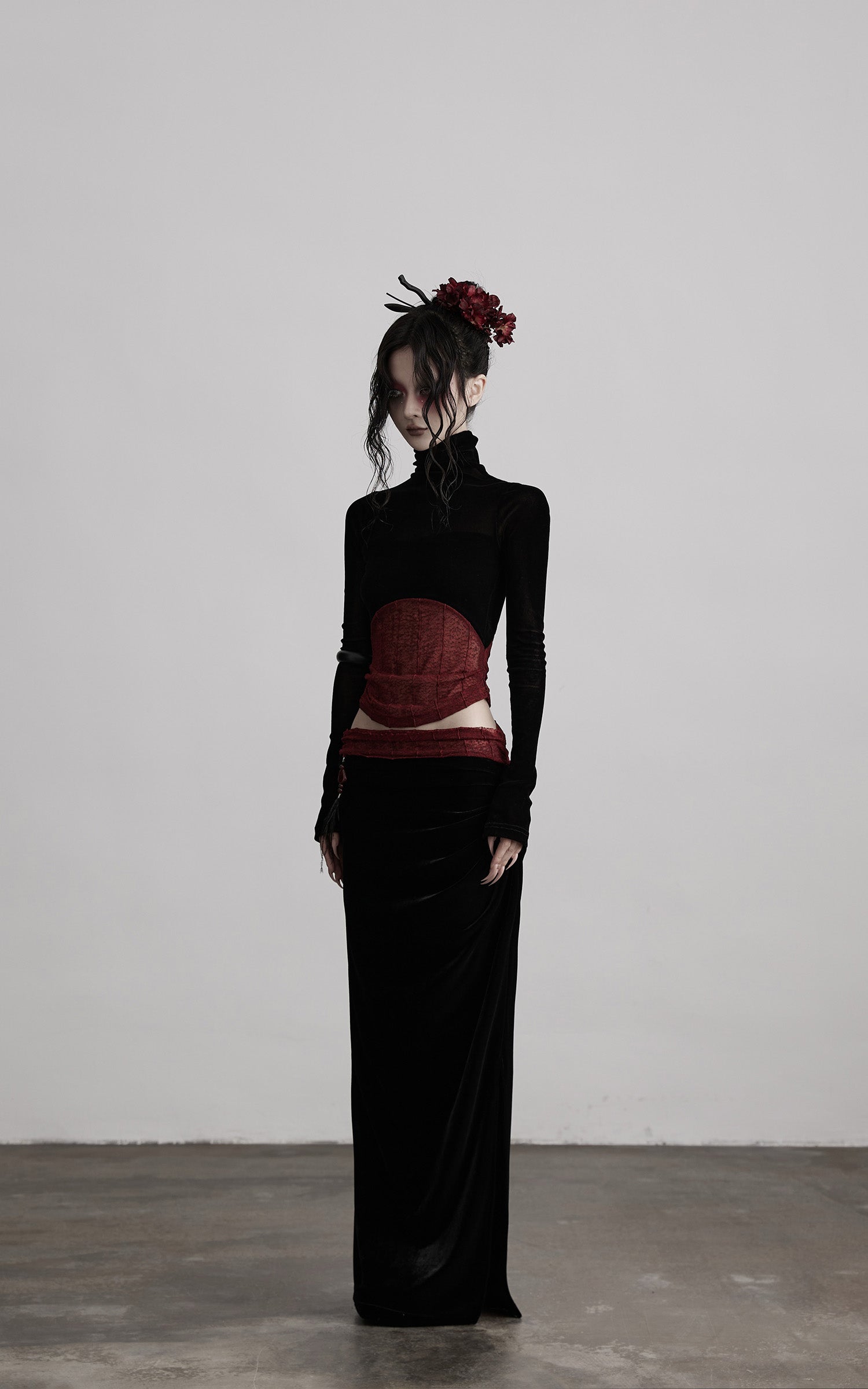 INDULGE Draped Velvet Skirt with Sheer Red Waist Detail