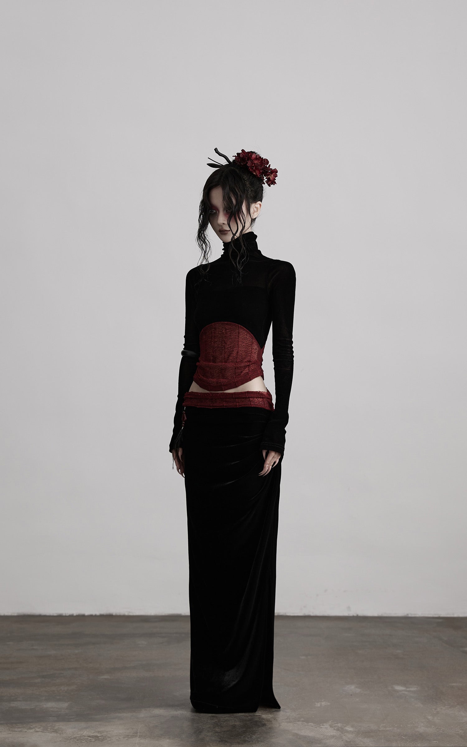 INDULGE Sheer Velvet Long Sleeve Top with Contrast Red Panel