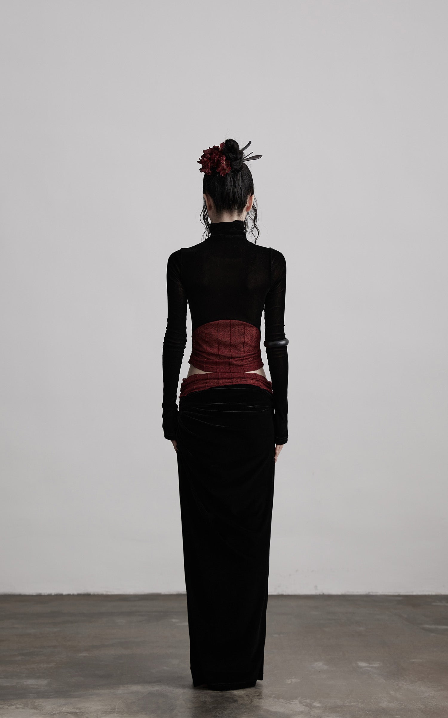 INDULGE Sheer Velvet Long Sleeve Top with Contrast Red Panel