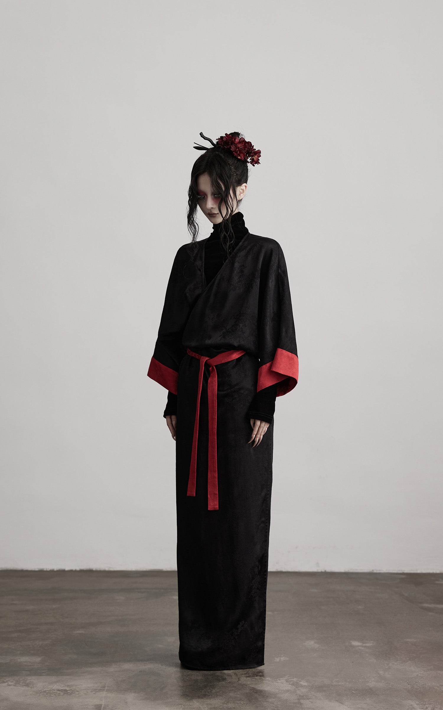 INDULGE Kimono Sleeve Wrap Coat with Red Contrast Cuffs and Long Tie
