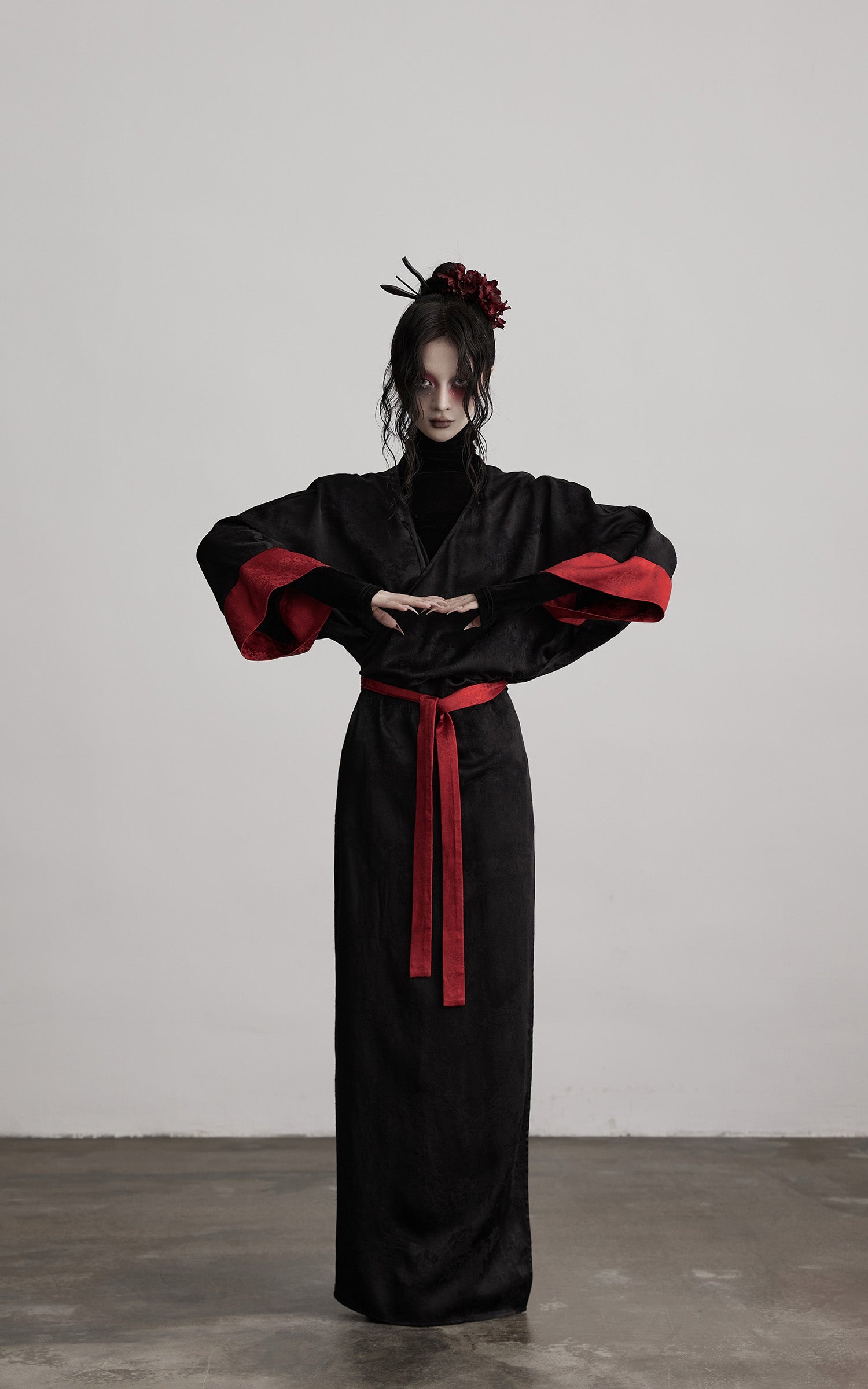 INDULGE Kimono Sleeve Wrap Coat with Red Contrast Cuffs and Long Tie