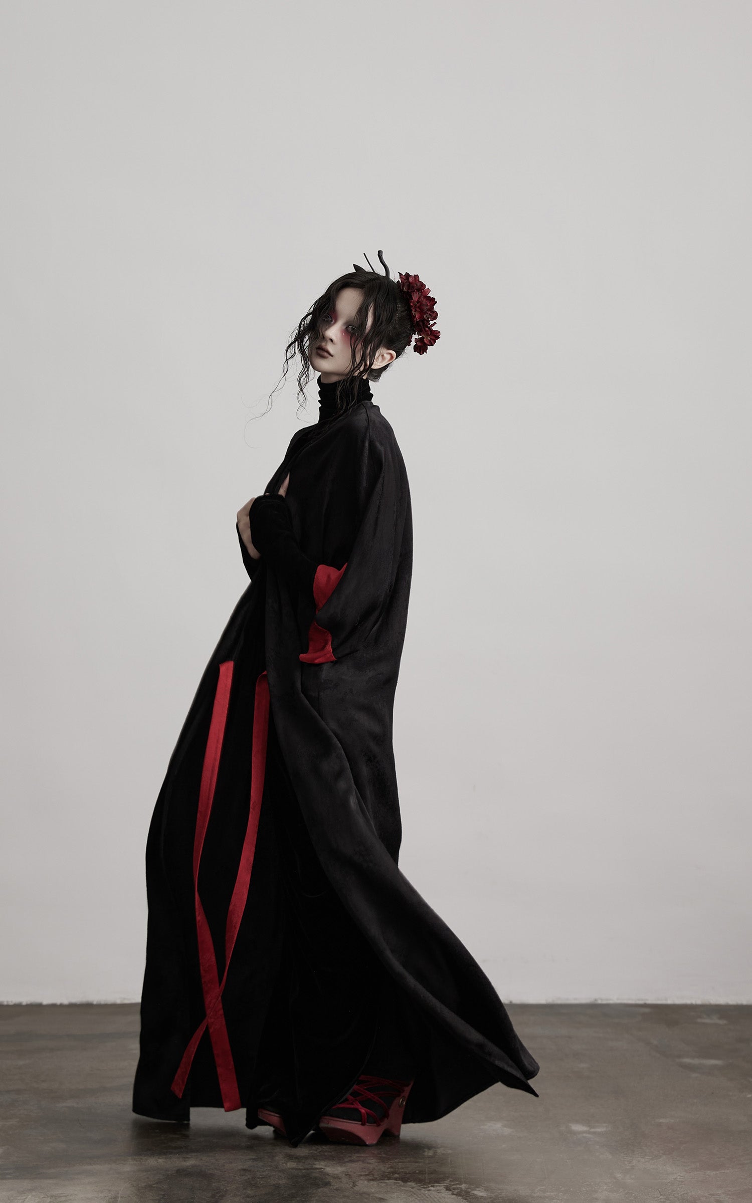 INDULGE Kimono Sleeve Wrap Coat with Red Contrast Cuffs and Long Tie