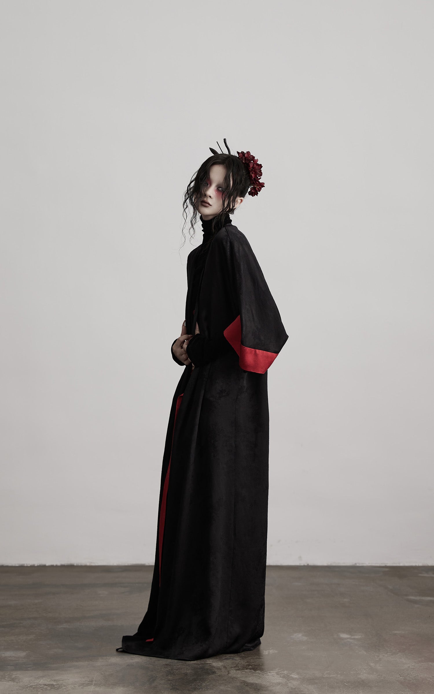 INDULGE Kimono Sleeve Wrap Coat with Red Contrast Cuffs and Long Tie