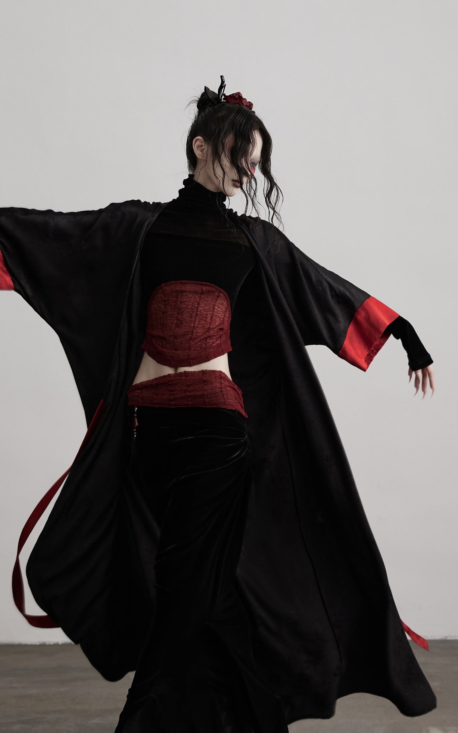 INDULGE Kimono Sleeve Wrap Coat with Red Contrast Cuffs and Long Tie