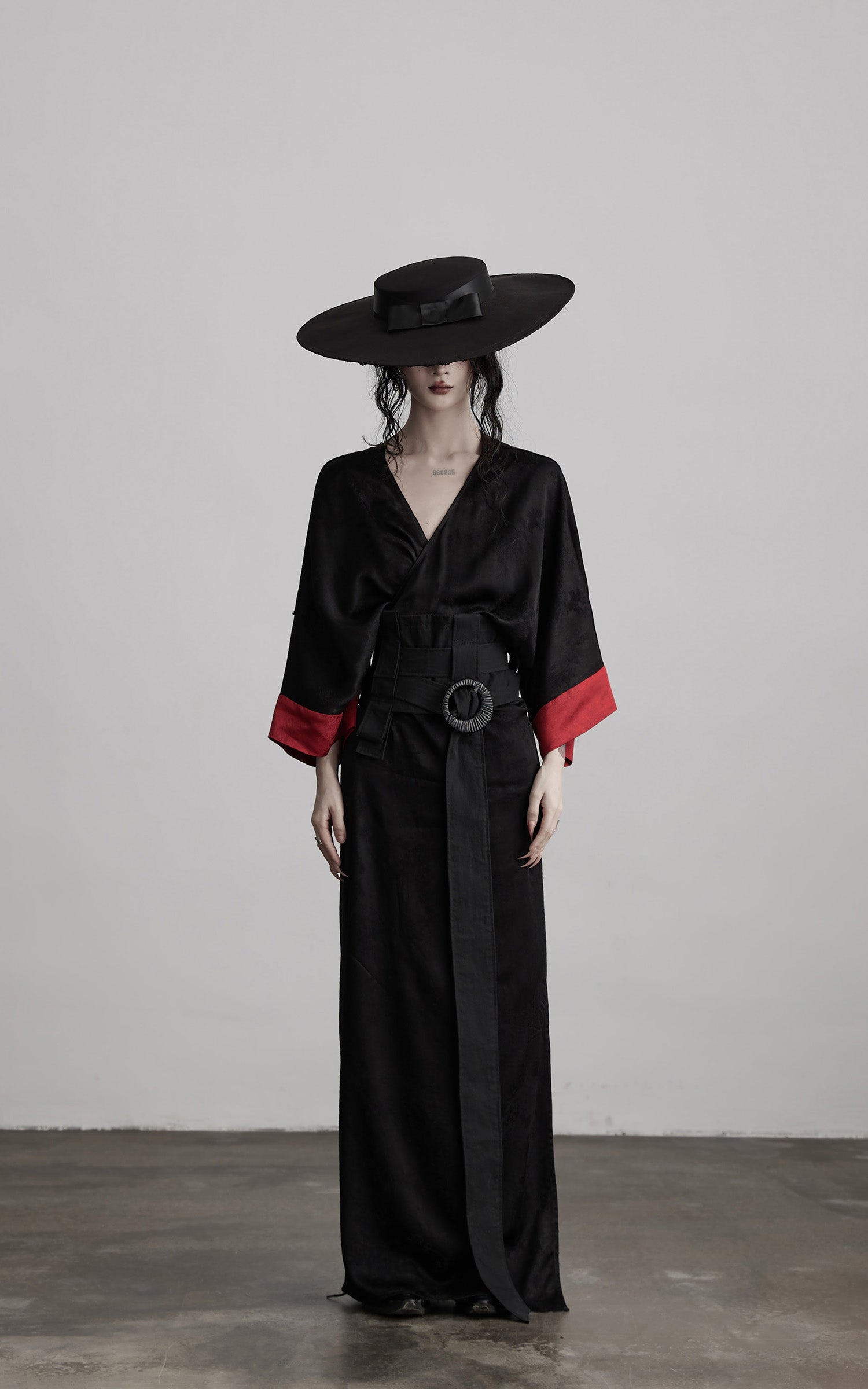INDULGE Kimono Sleeve Wrap Coat with Red Contrast Cuffs and Long Tie