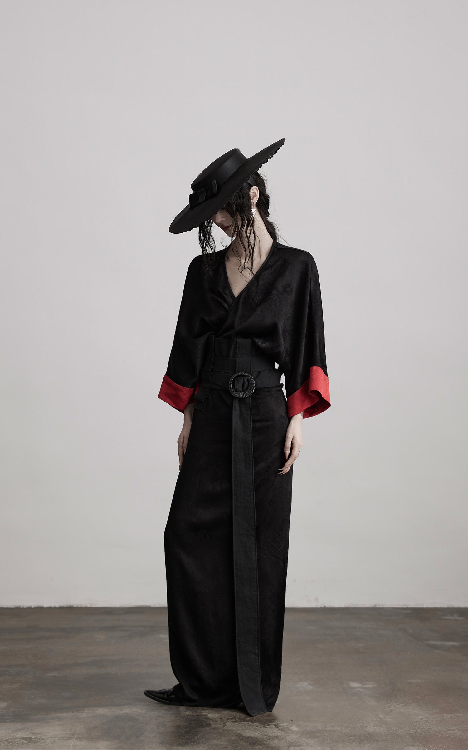 INDULGE Kimono Sleeve Wrap Coat with Red Contrast Cuffs and Long Tie