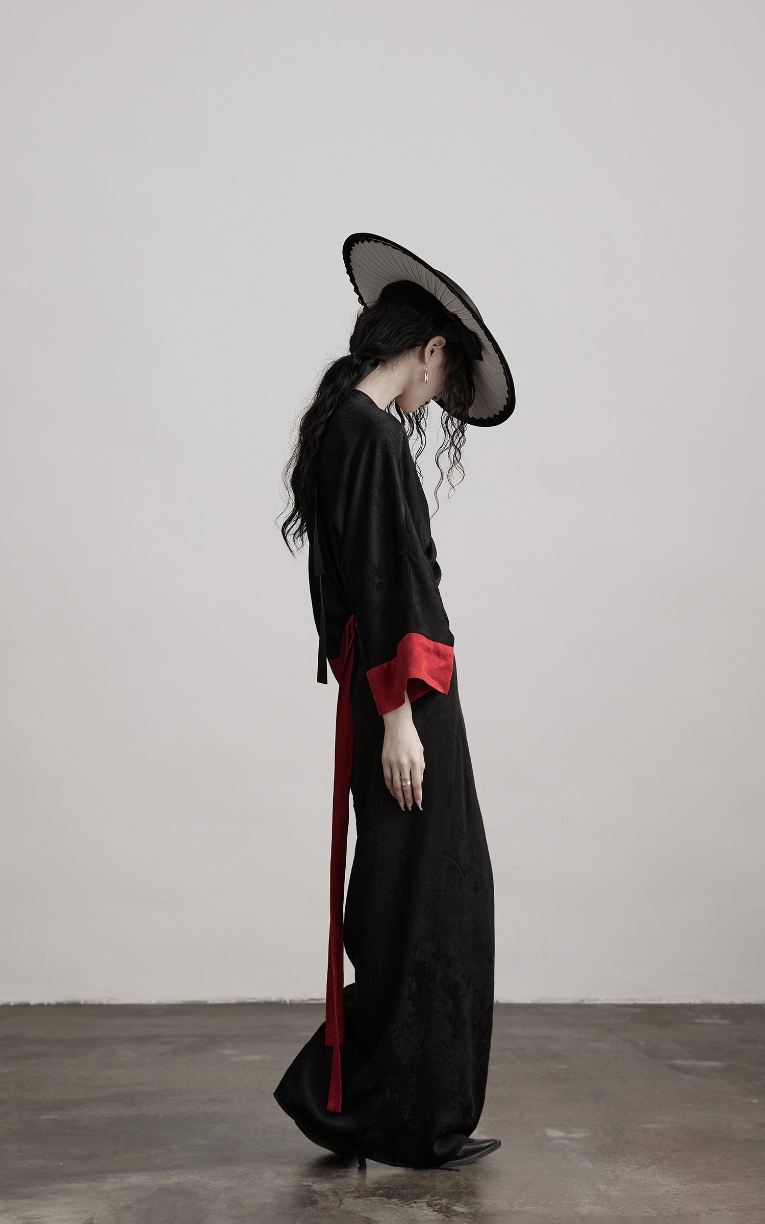 INDULGE Kimono Sleeve Wrap Coat with Red Contrast Cuffs and Long Tie