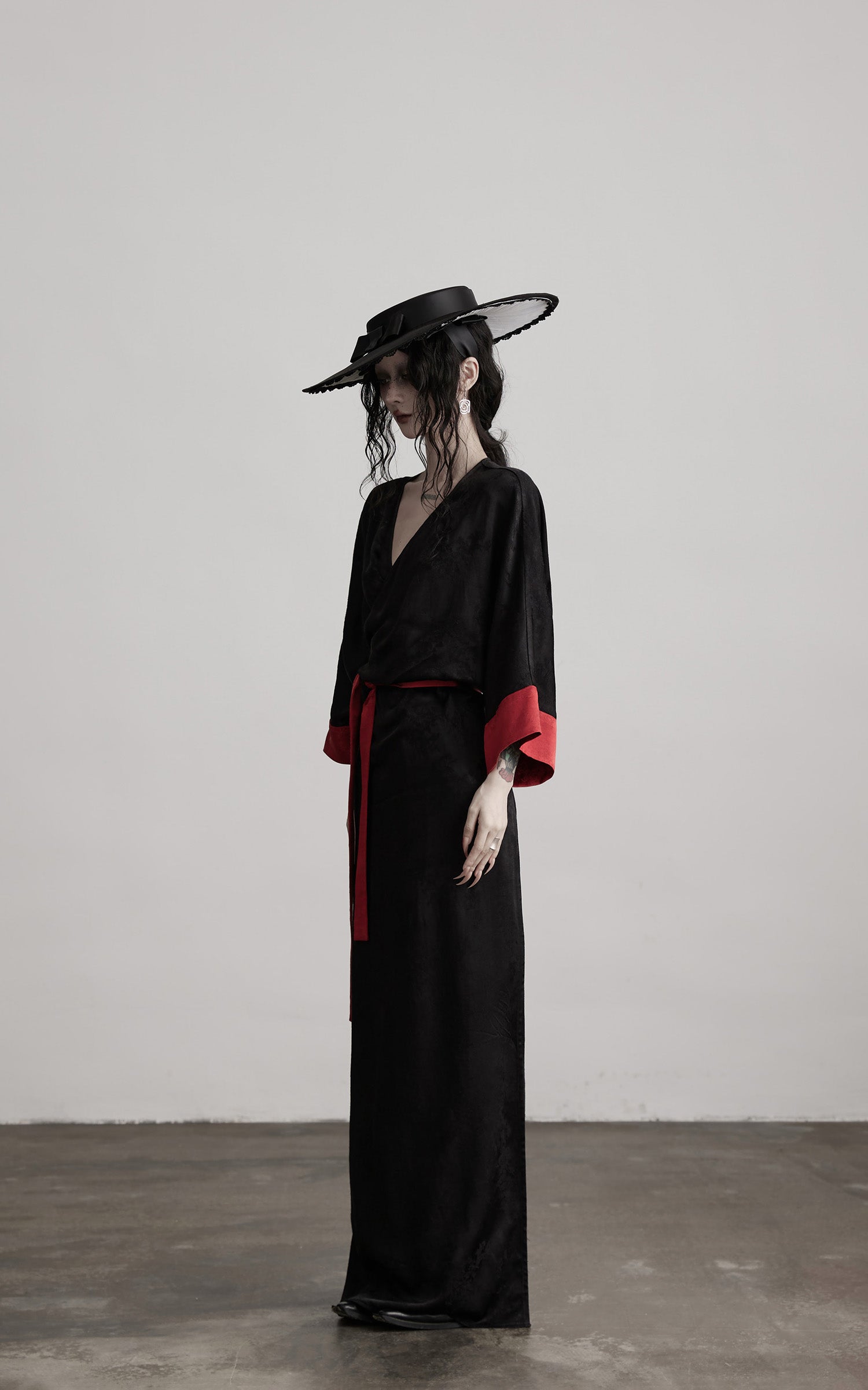 INDULGE Kimono Sleeve Wrap Coat with Red Contrast Cuffs and Long Tie