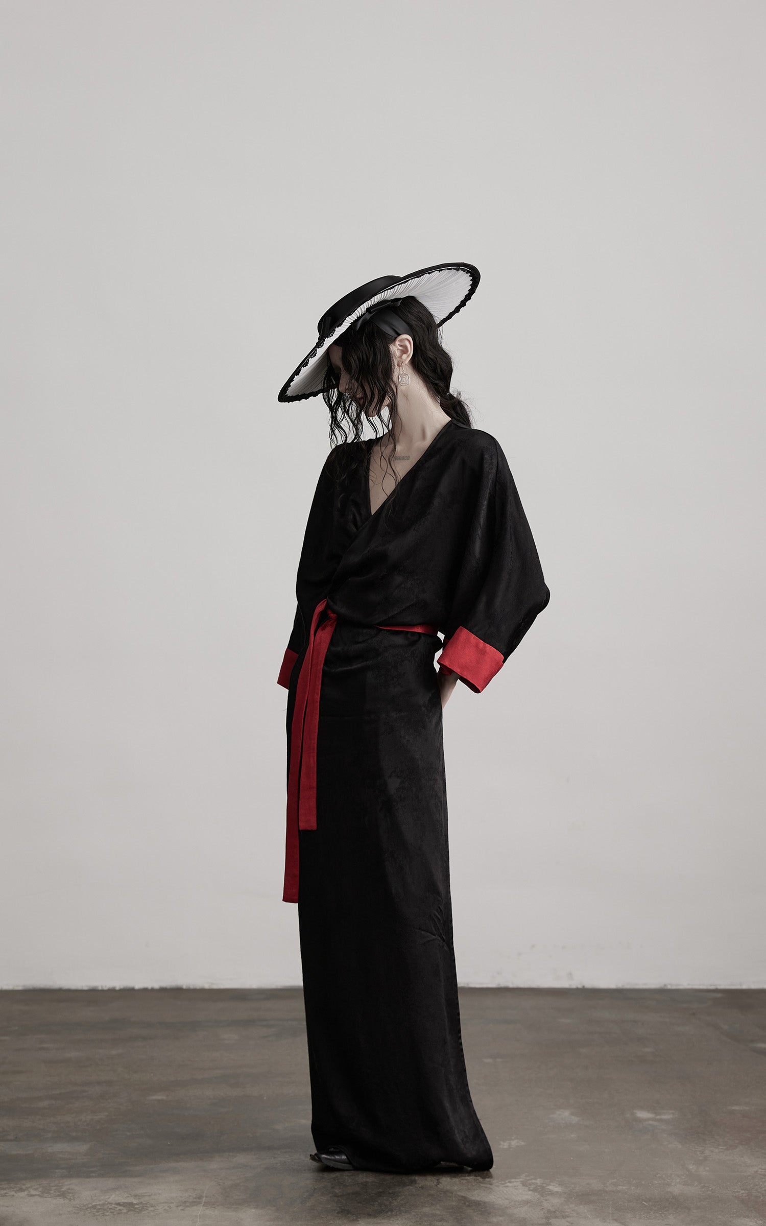 INDULGE Kimono Sleeve Wrap Coat with Red Contrast Cuffs and Long Tie