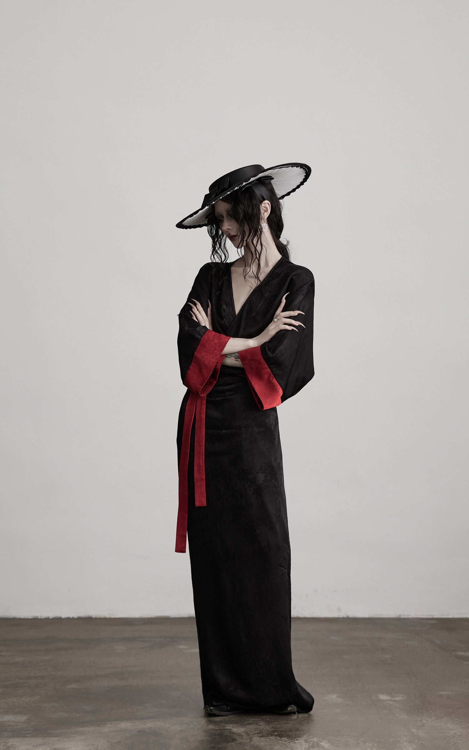 INDULGE Kimono Sleeve Wrap Coat with Red Contrast Cuffs and Long Tie