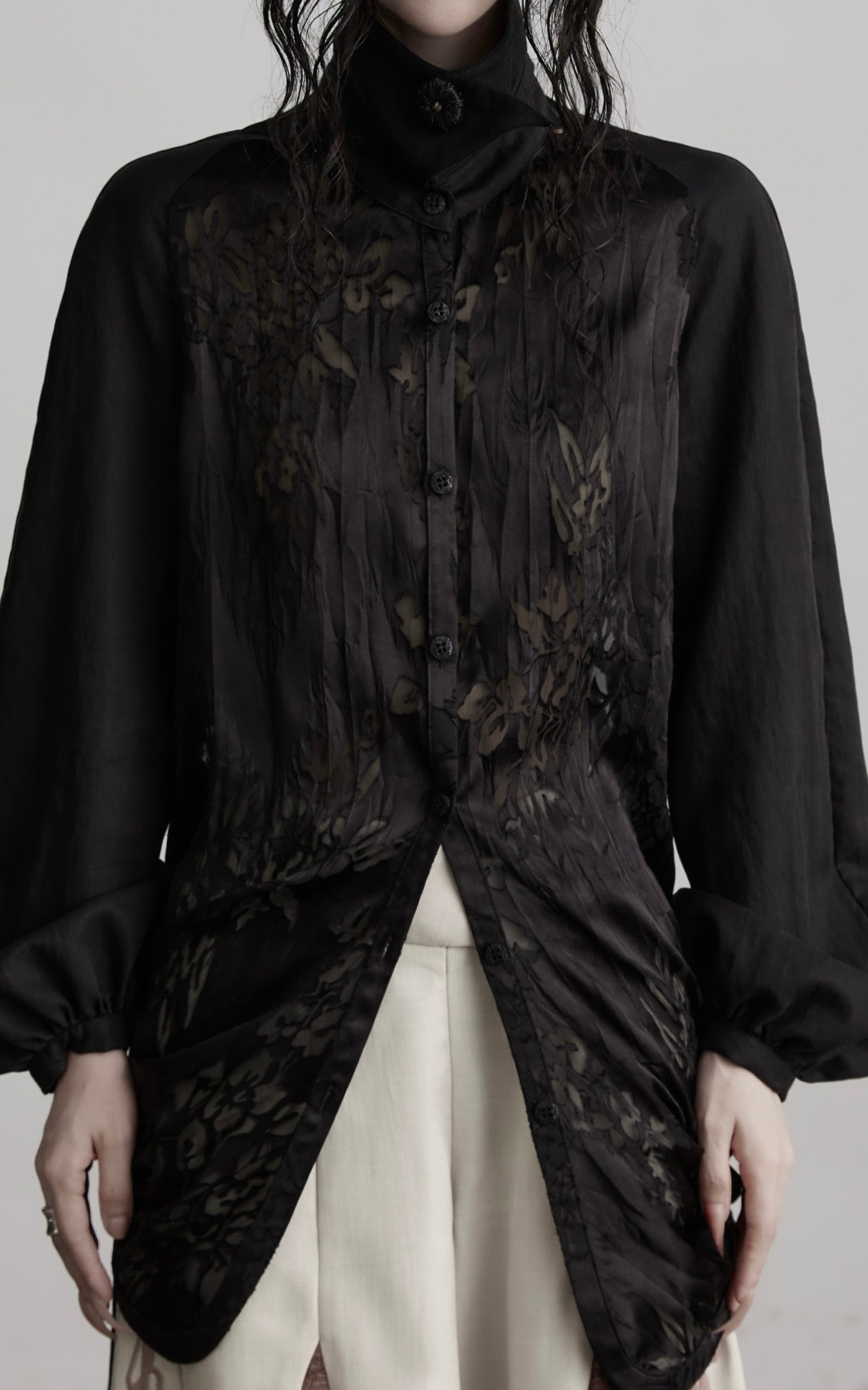 INDULGE Textured Jacquard Shirt with High Collar and Ruched Hem