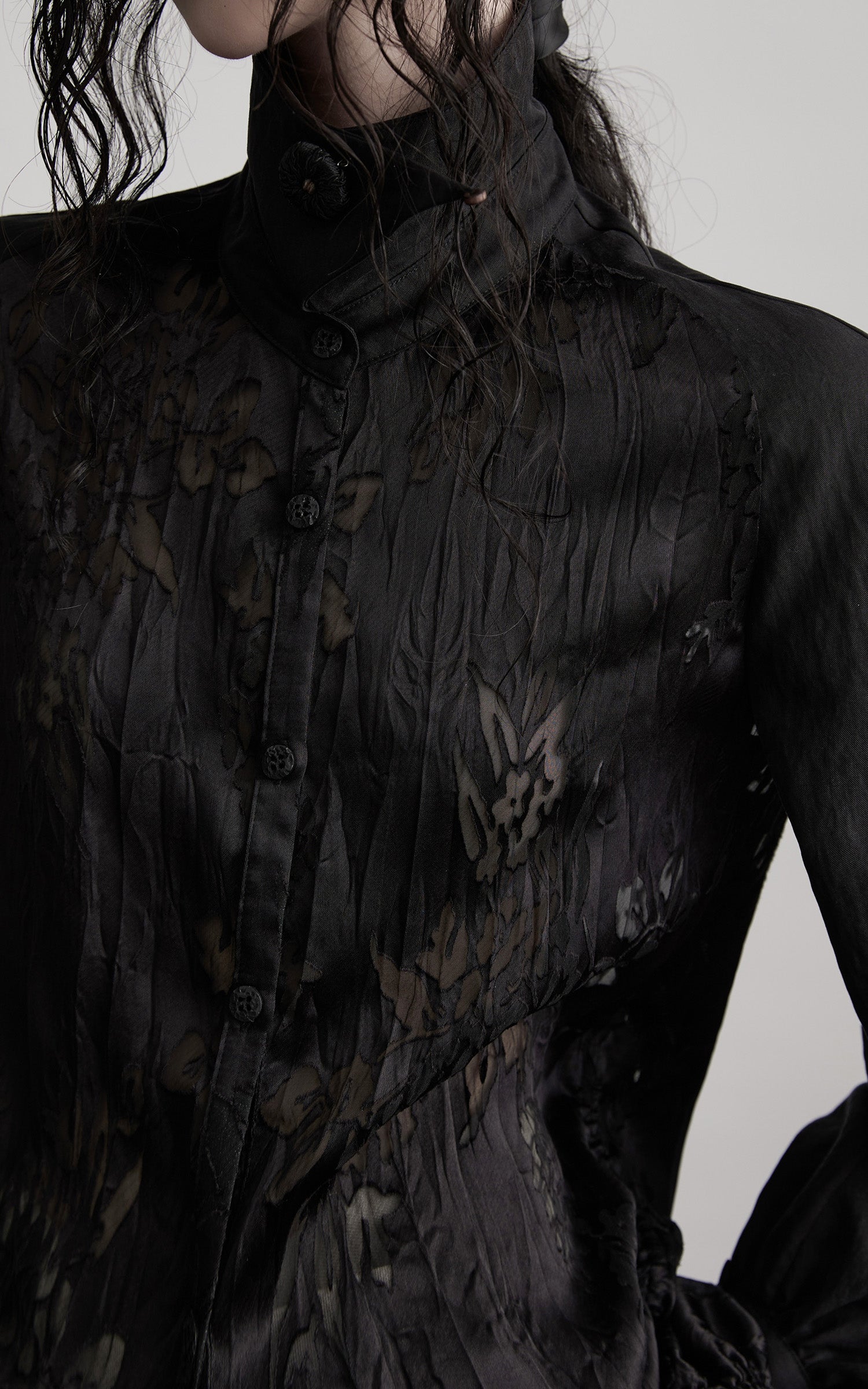 INDULGE Textured Jacquard Shirt with High Collar and Ruched Hem