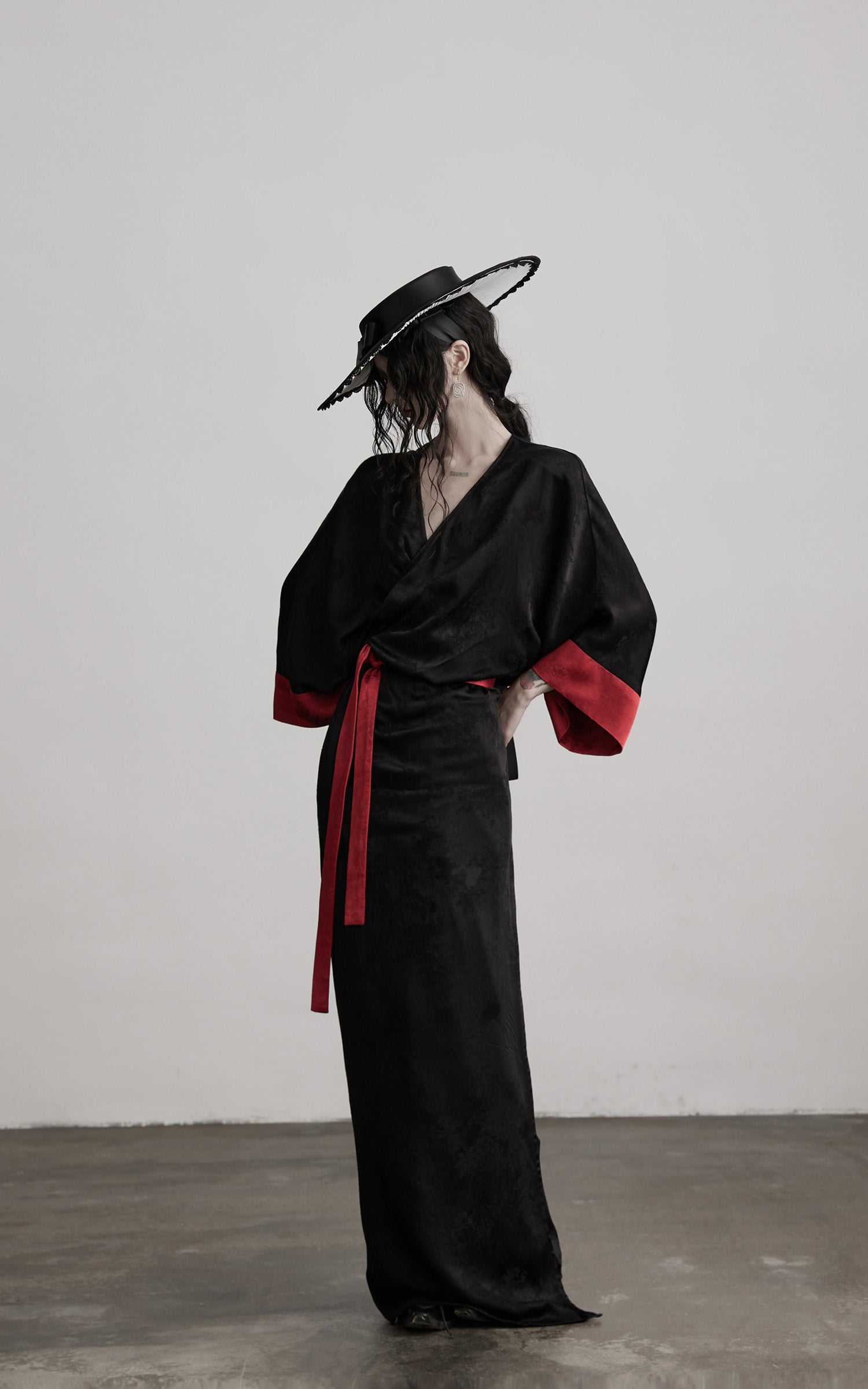 INDULGE Kimono Sleeve Wrap Coat with Red Contrast Cuffs and Long Tie