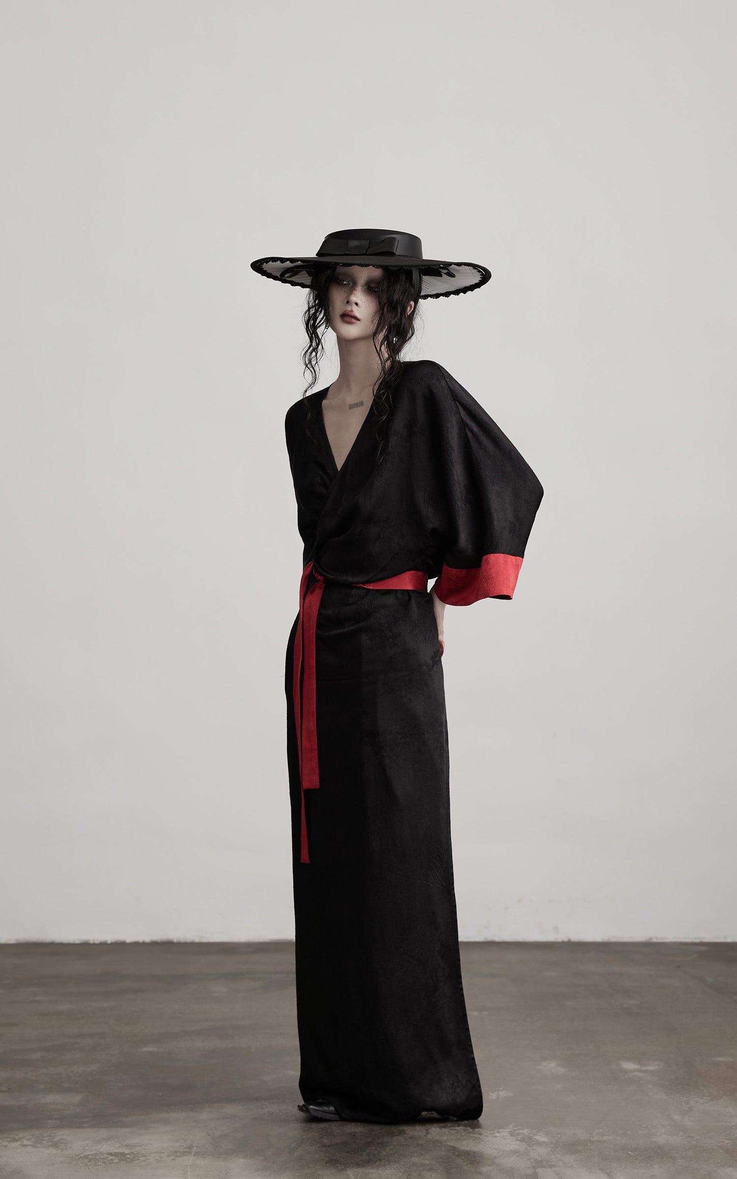 INDULGE Kimono Sleeve Wrap Coat with Red Contrast Cuffs and Long Tie