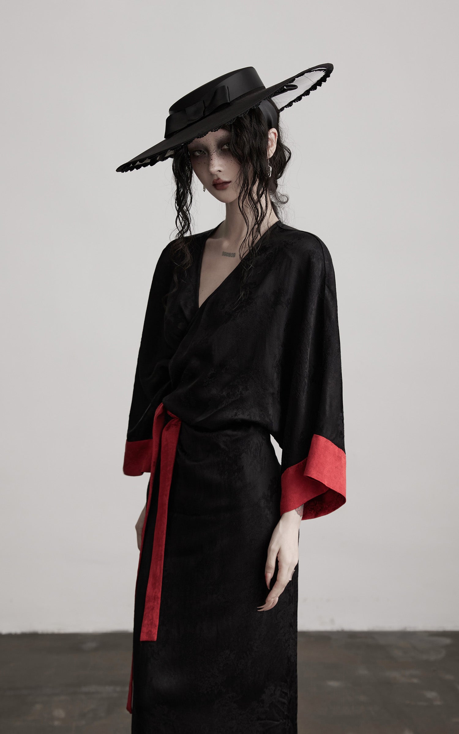 INDULGE Kimono Sleeve Wrap Coat with Red Contrast Cuffs and Long Tie