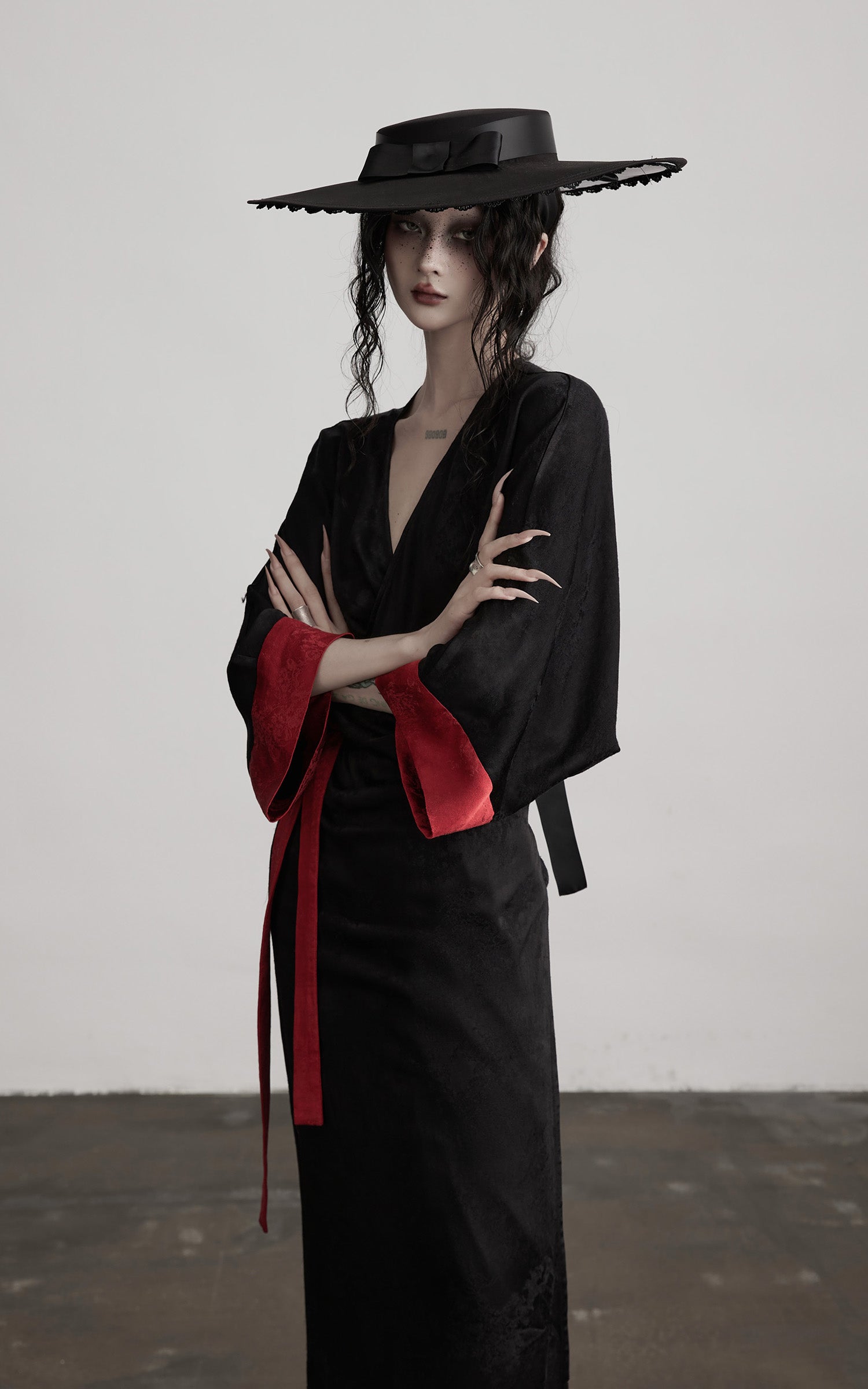INDULGE Kimono Sleeve Wrap Coat with Red Contrast Cuffs and Long Tie