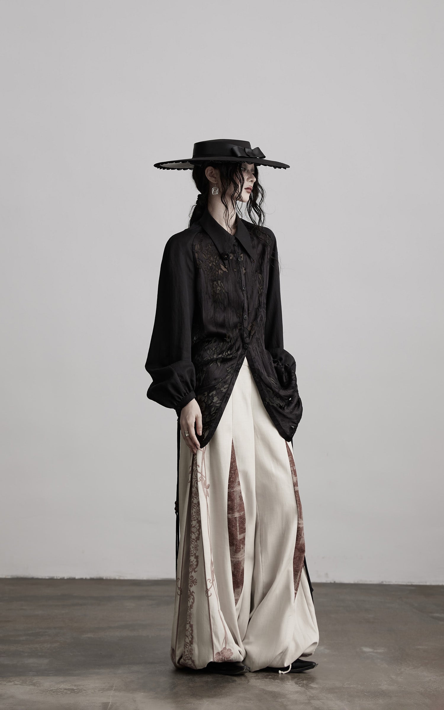 INDULGE Textured Jacquard Shirt with High Collar and Ruched Hem
