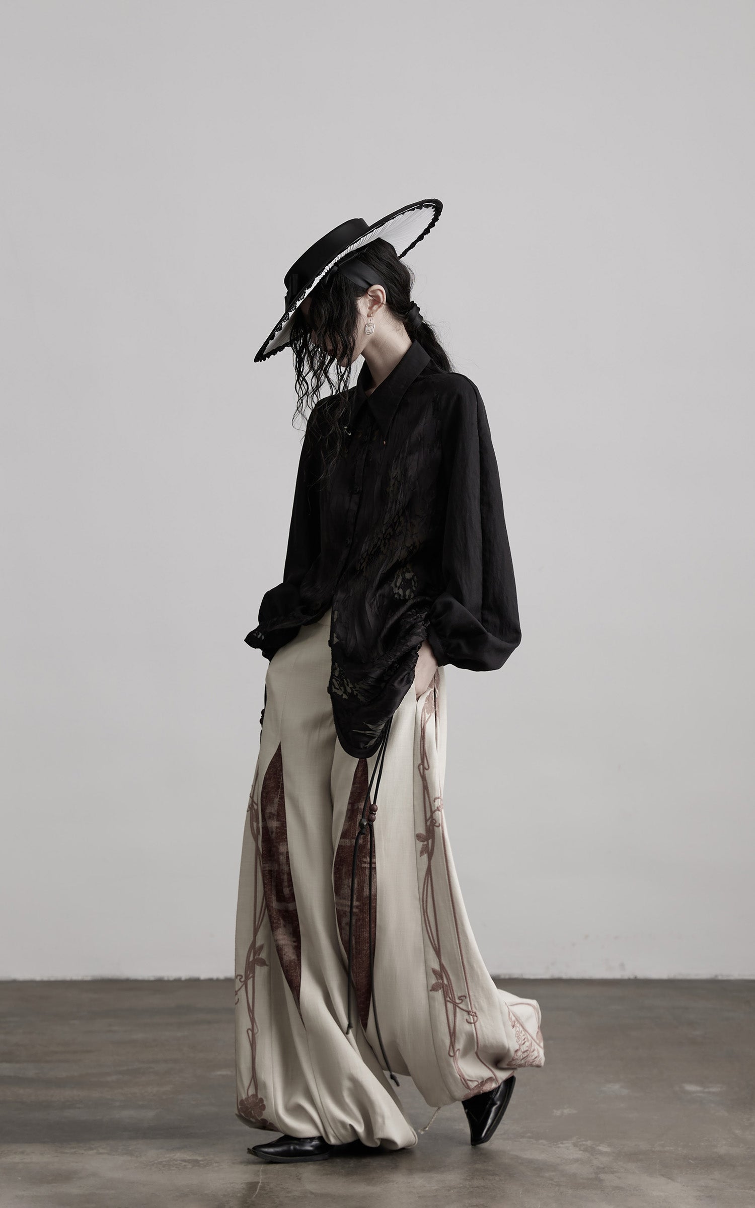 INDULGE Textured Jacquard Shirt with High Collar and Ruched Hem