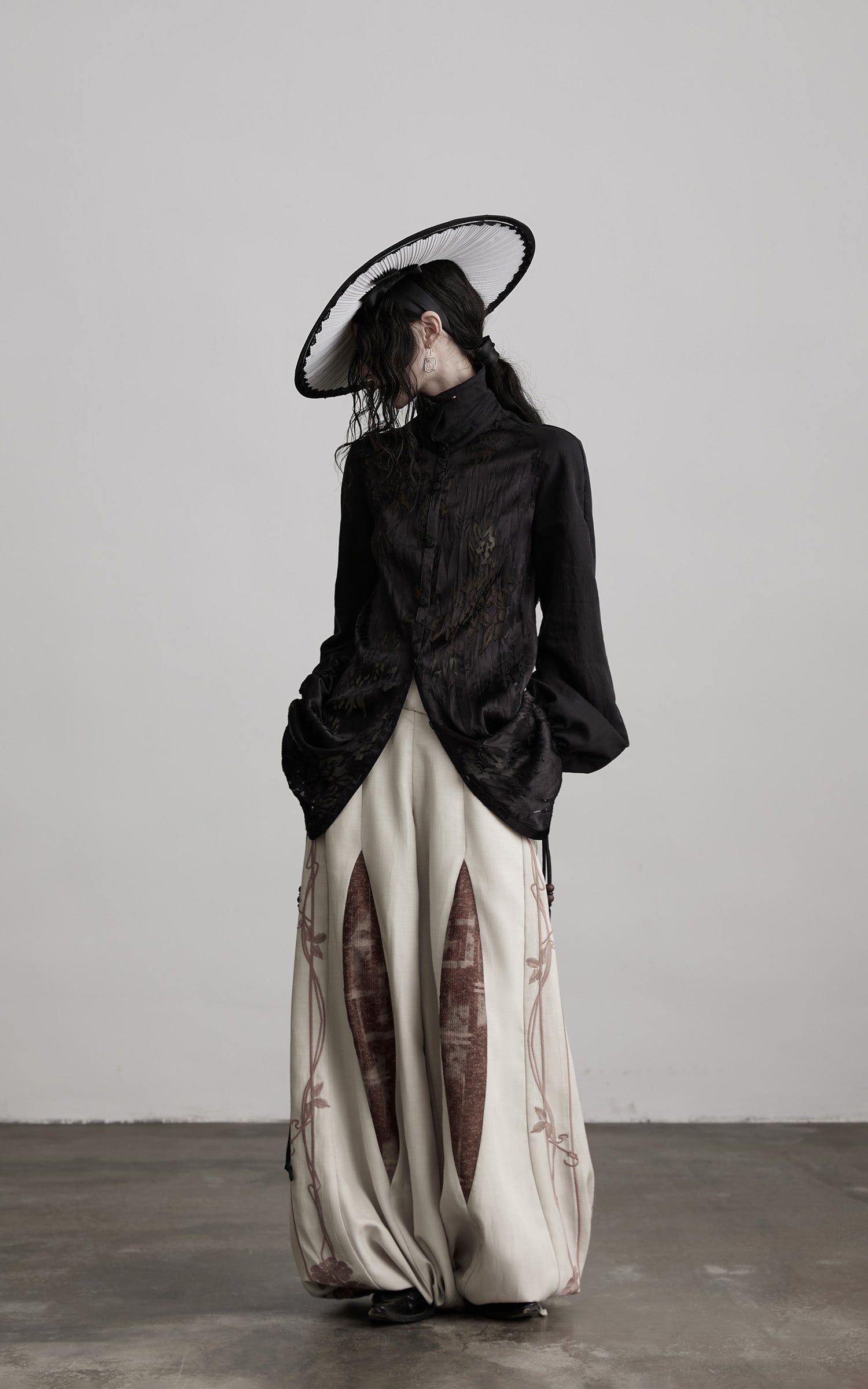 INDULGE Textured Jacquard Shirt with High Collar and Ruched Hem