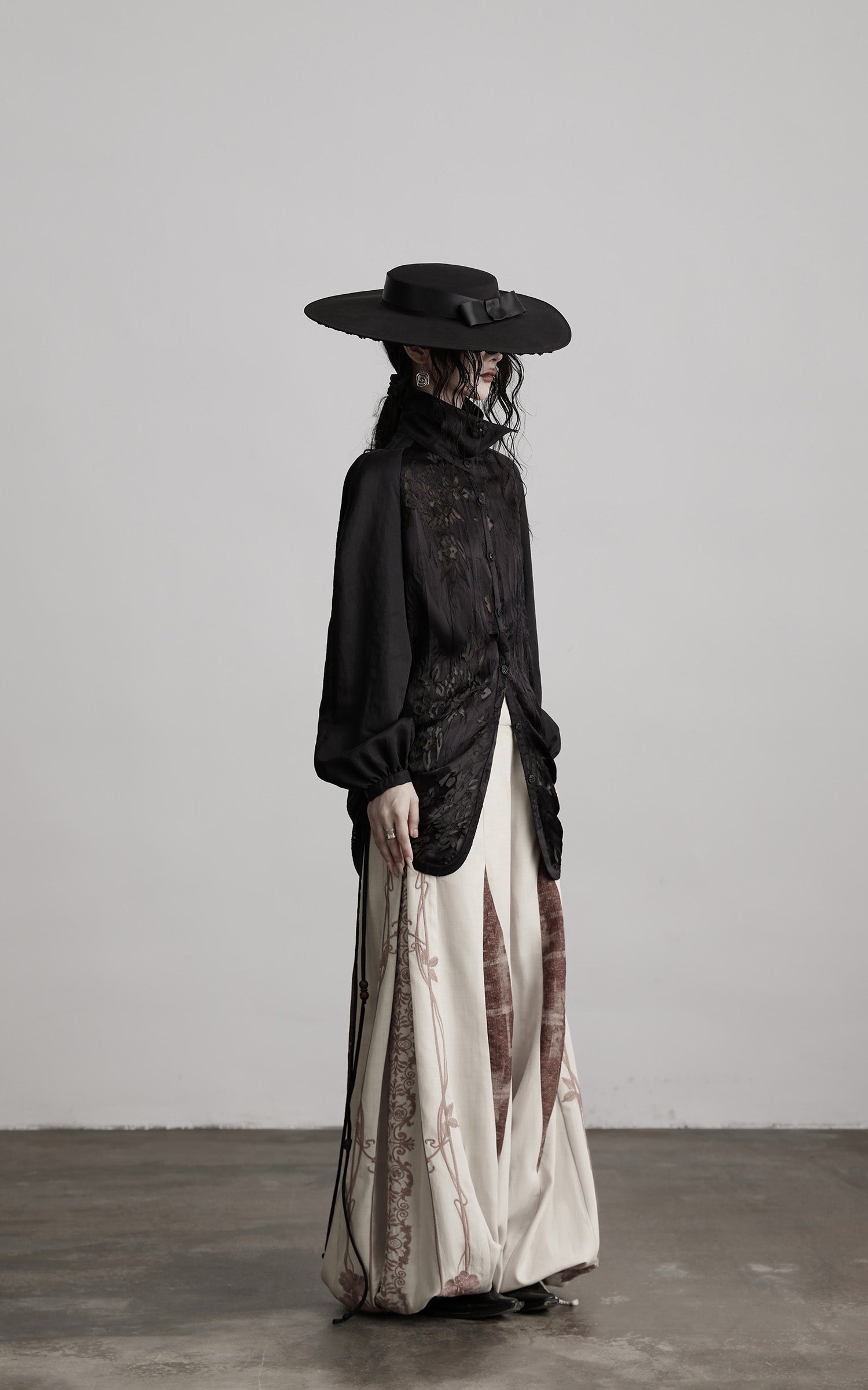 INDULGE Textured Jacquard Shirt with High Collar and Ruched Hem