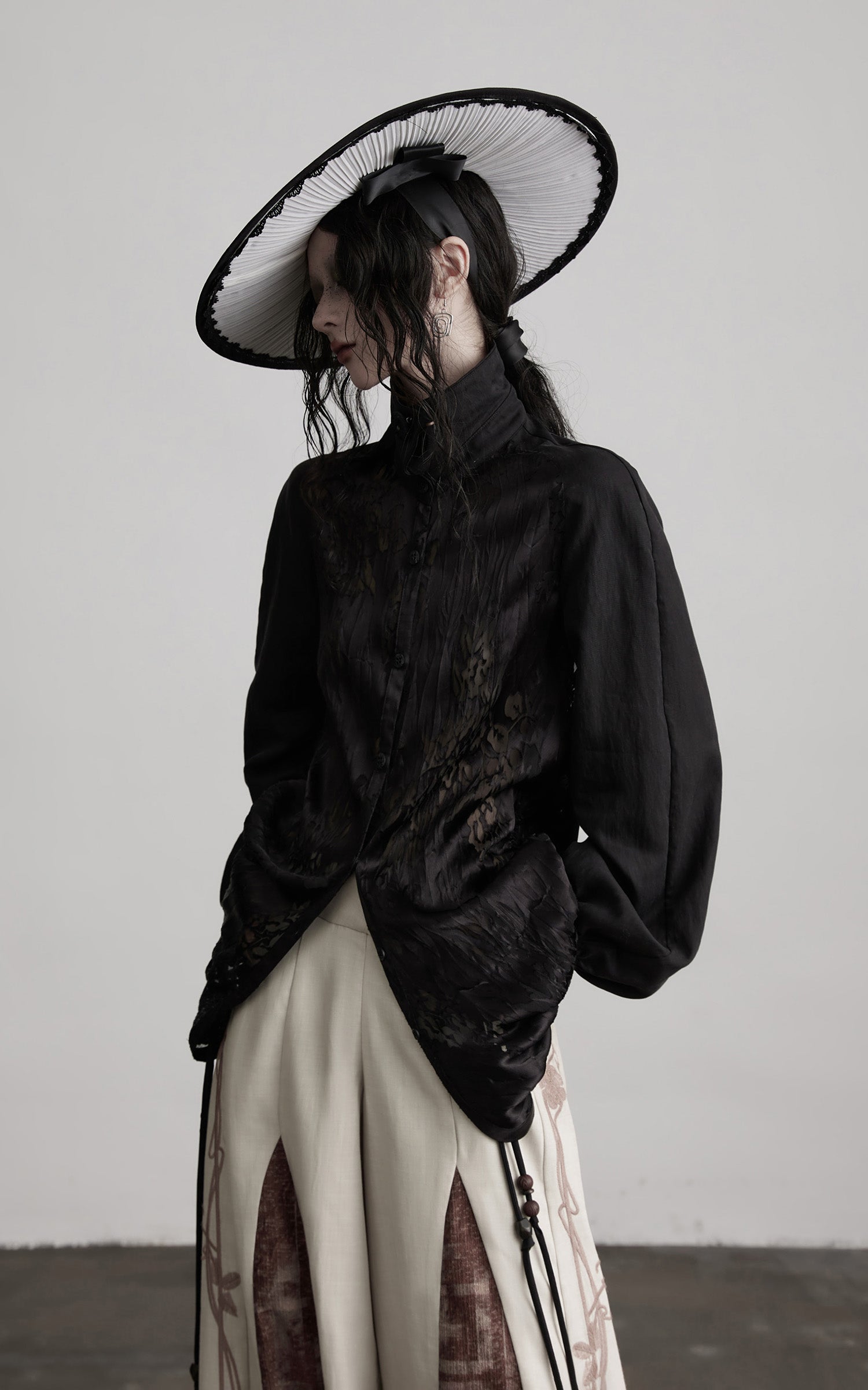 INDULGE Textured Jacquard Shirt with High Collar and Ruched Hem
