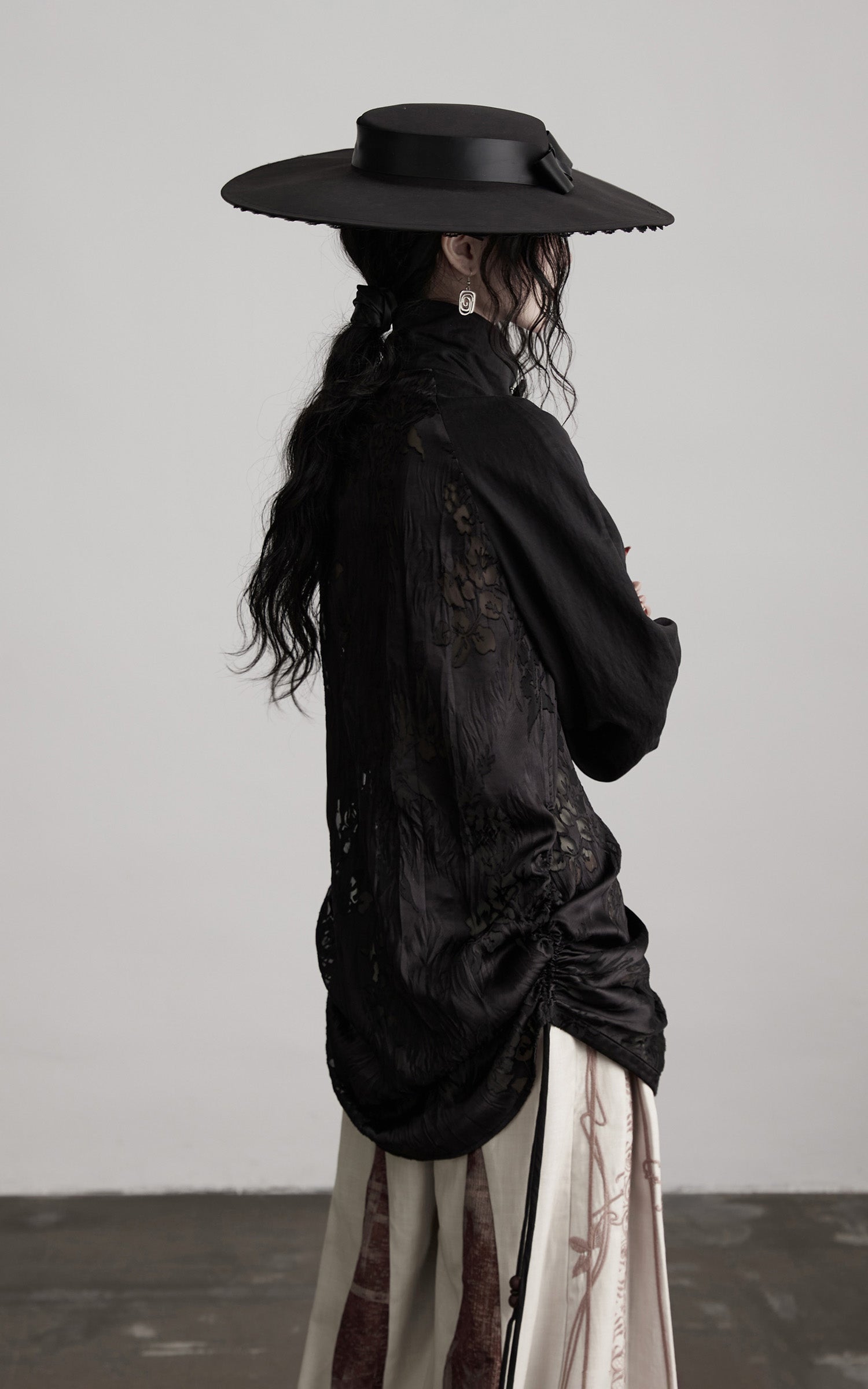 INDULGE Textured Jacquard Shirt with High Collar and Ruched Hem