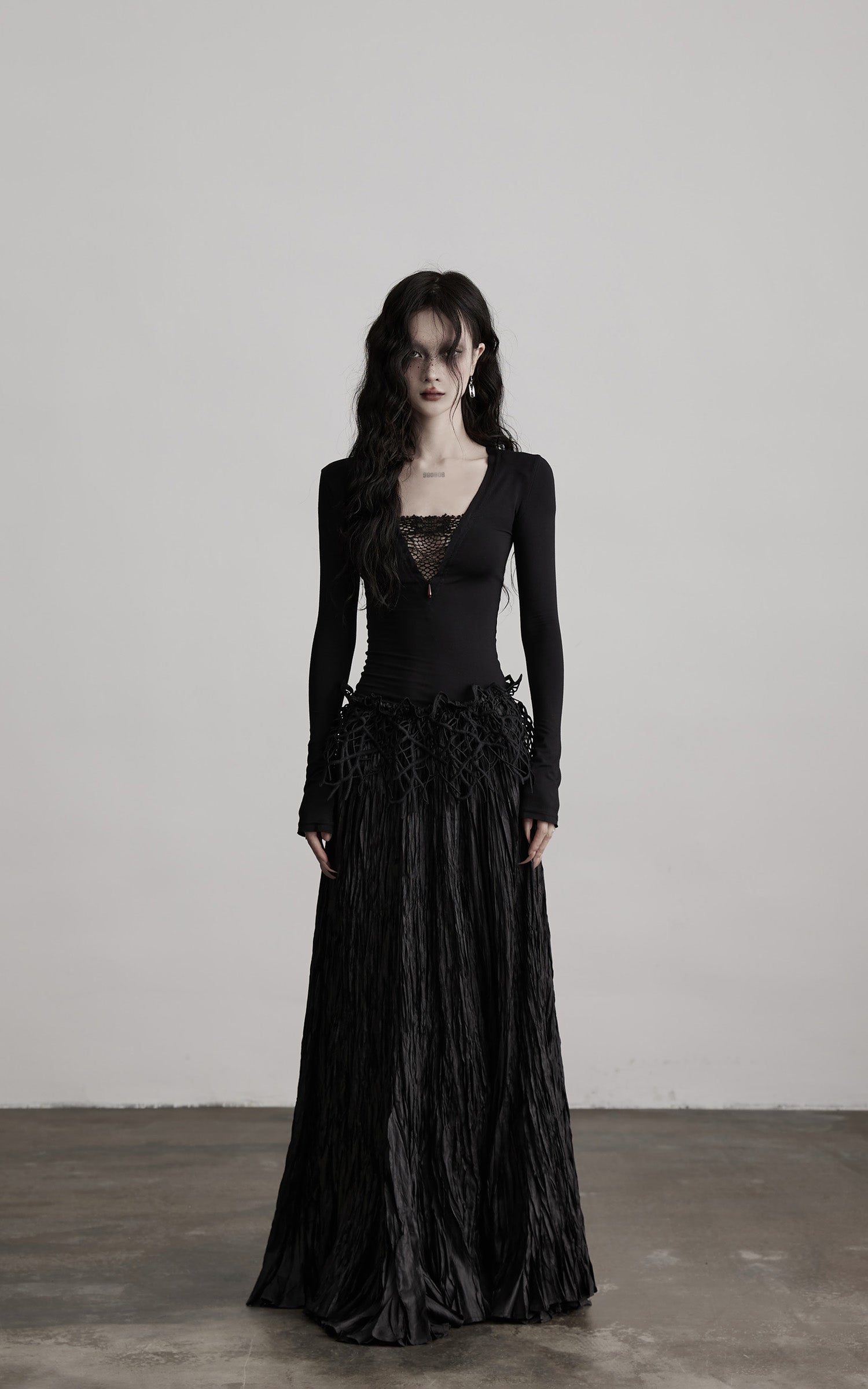 INDULGE Deep V Lace Detail Long Sleeve T-Shirt