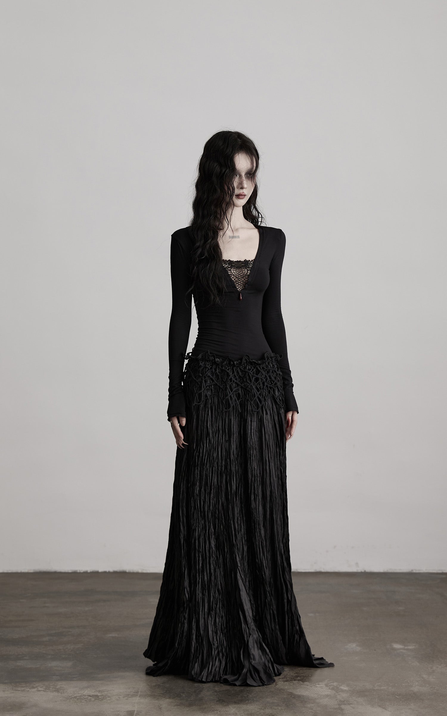 INDULGE Deep V Lace Detail Long Sleeve T-Shirt