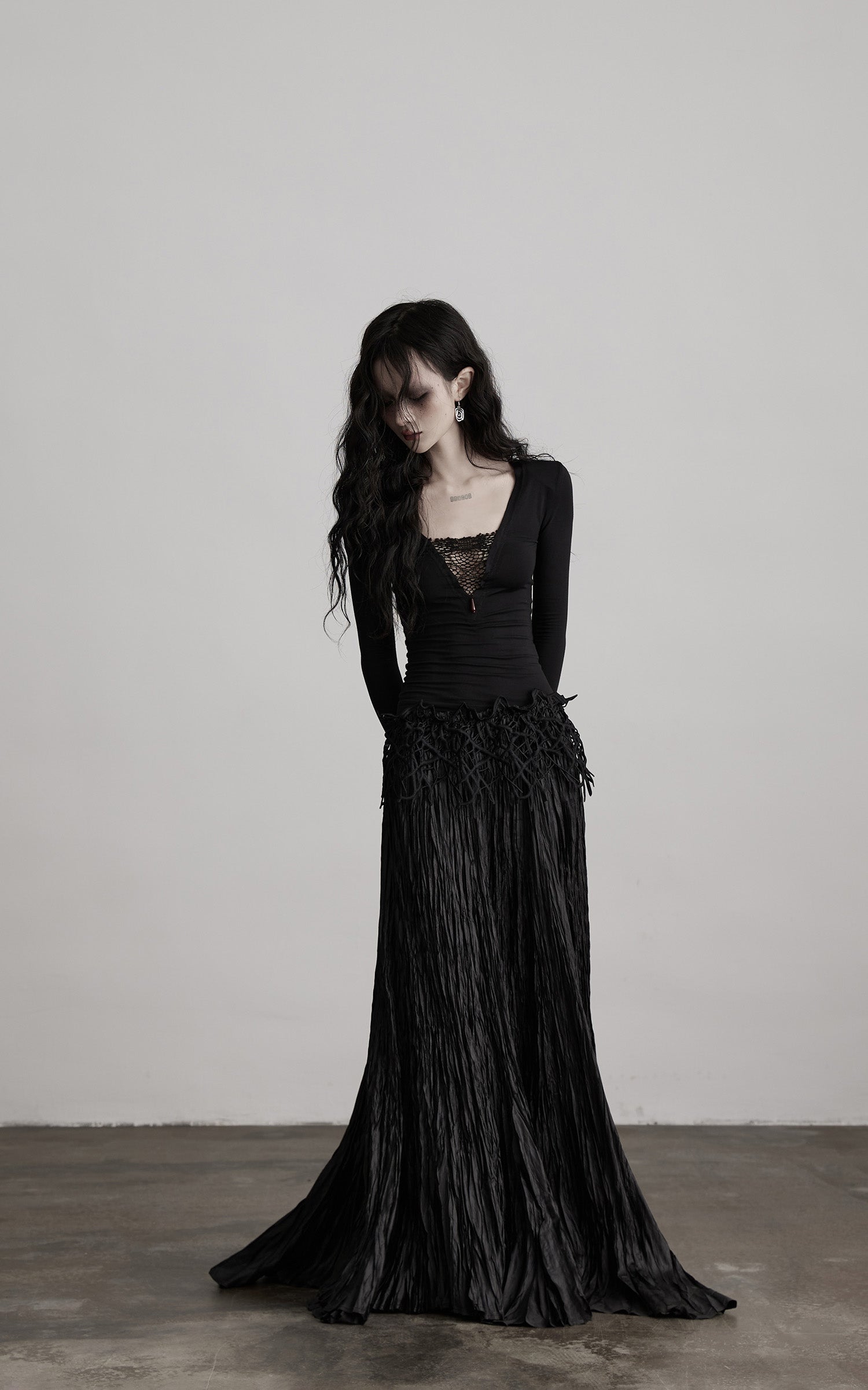 INDULGE Deep V Lace Detail Long Sleeve T-Shirt