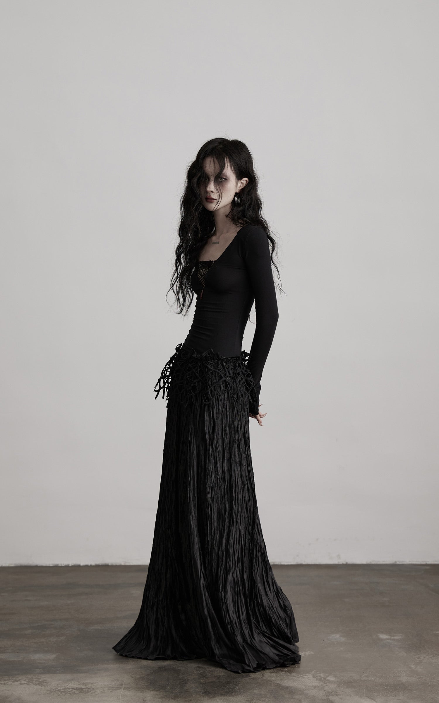 INDULGE Deep V Lace Detail Long Sleeve T-Shirt