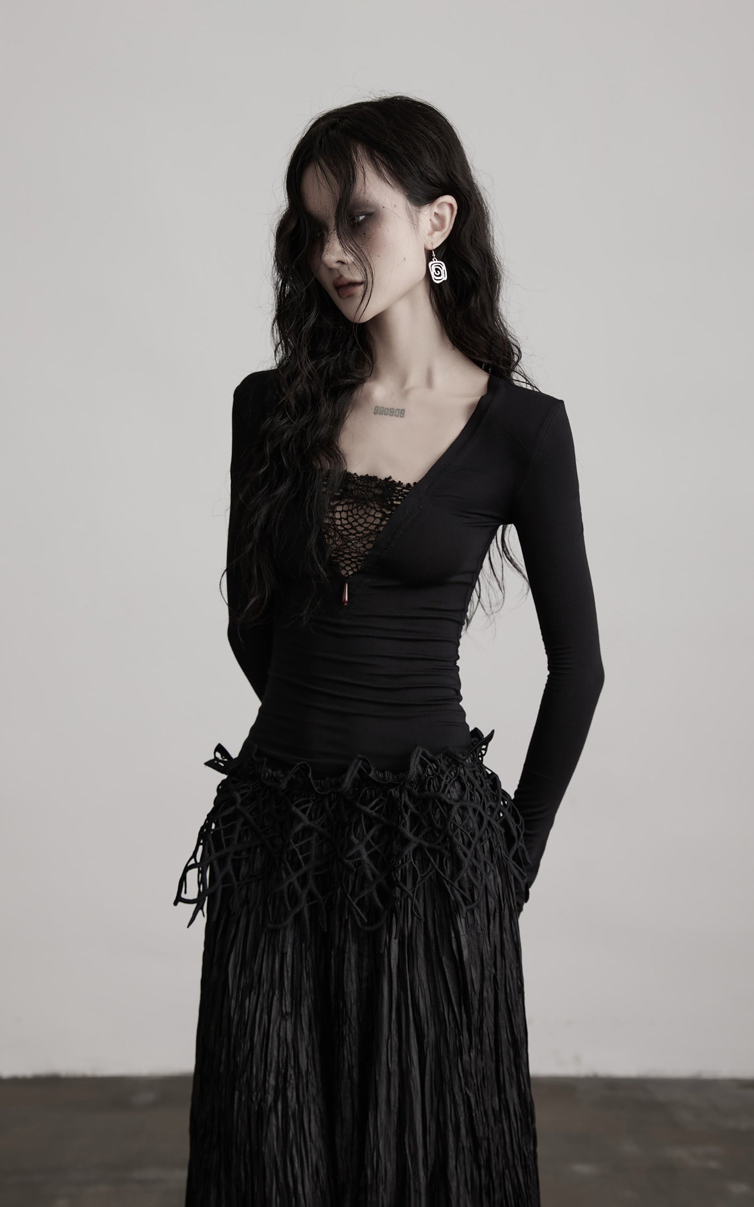 INDULGE Deep V Lace Detail Long Sleeve T-Shirt