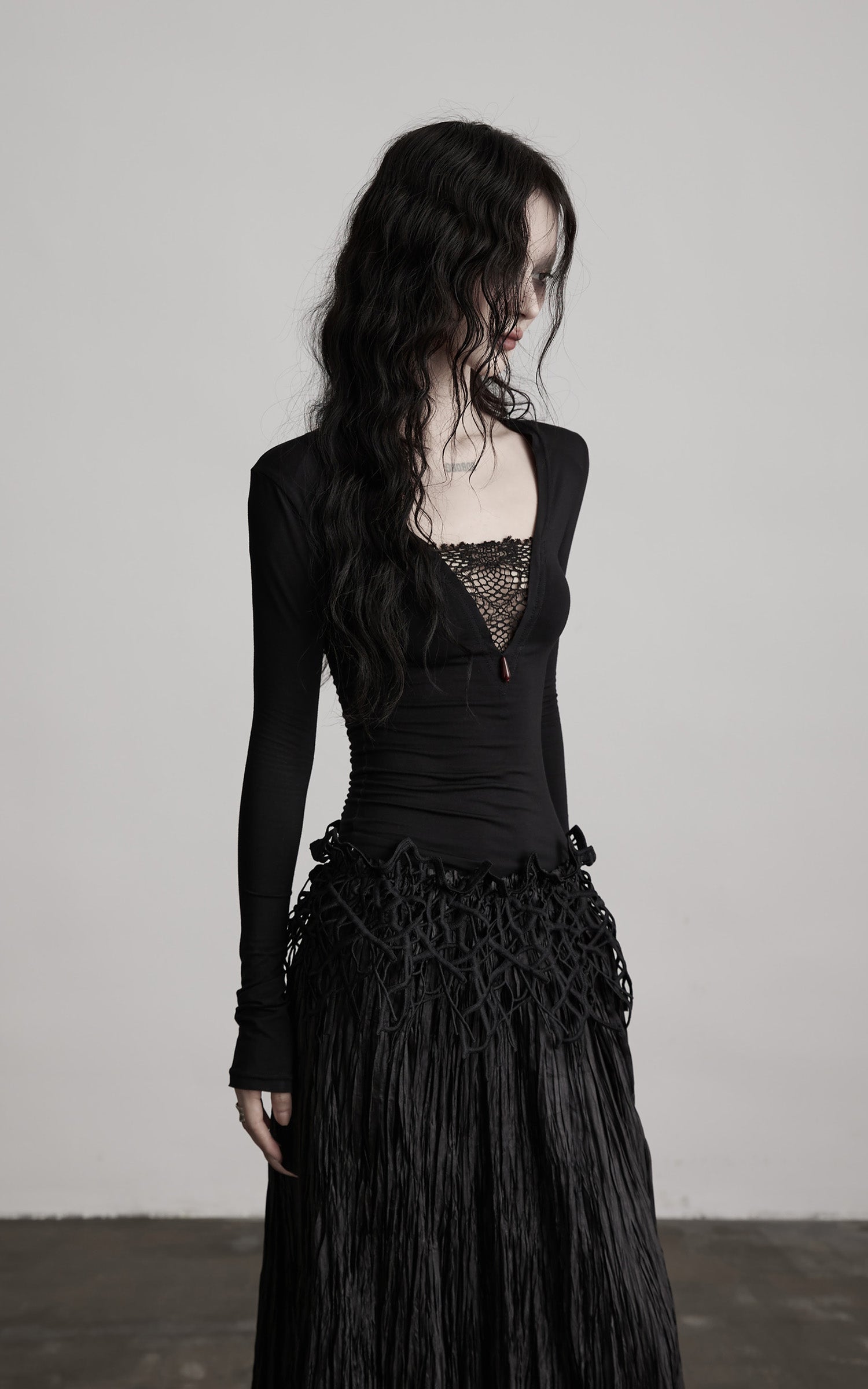 INDULGE Deep V Lace Detail Long Sleeve T-Shirt