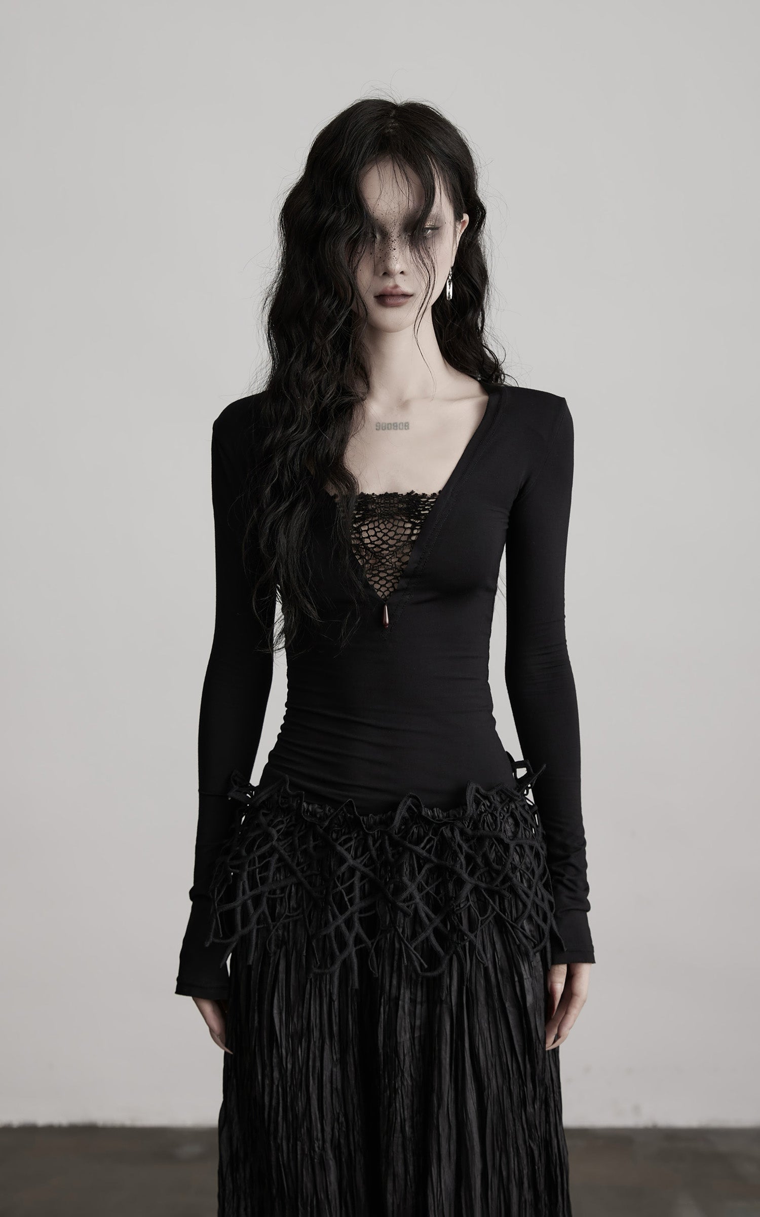 INDULGE Deep V Lace Detail Long Sleeve T-Shirt