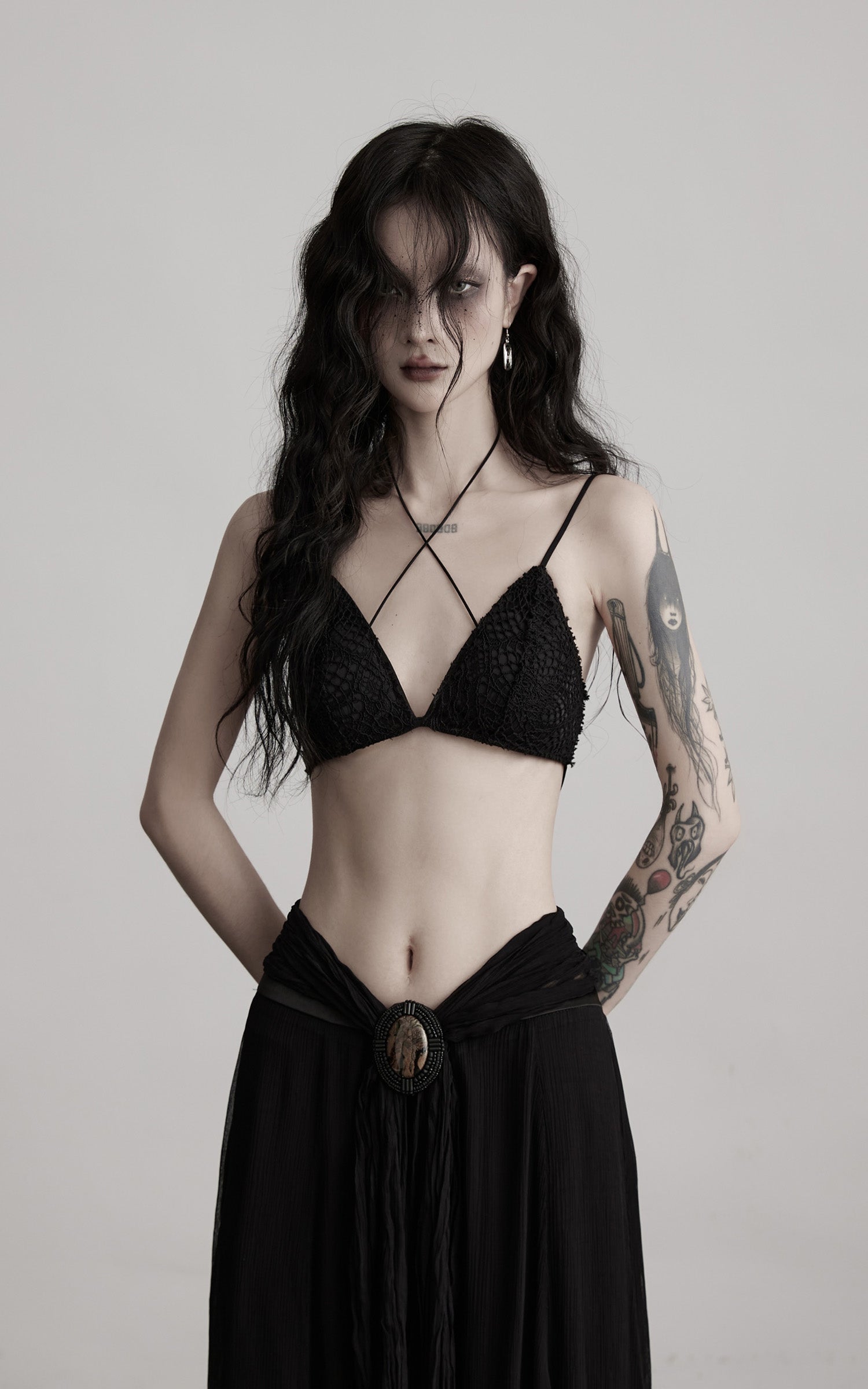 INDULGE Strappy Lace Bralette – Gothic Crochet Texture with Minimal Silhouette