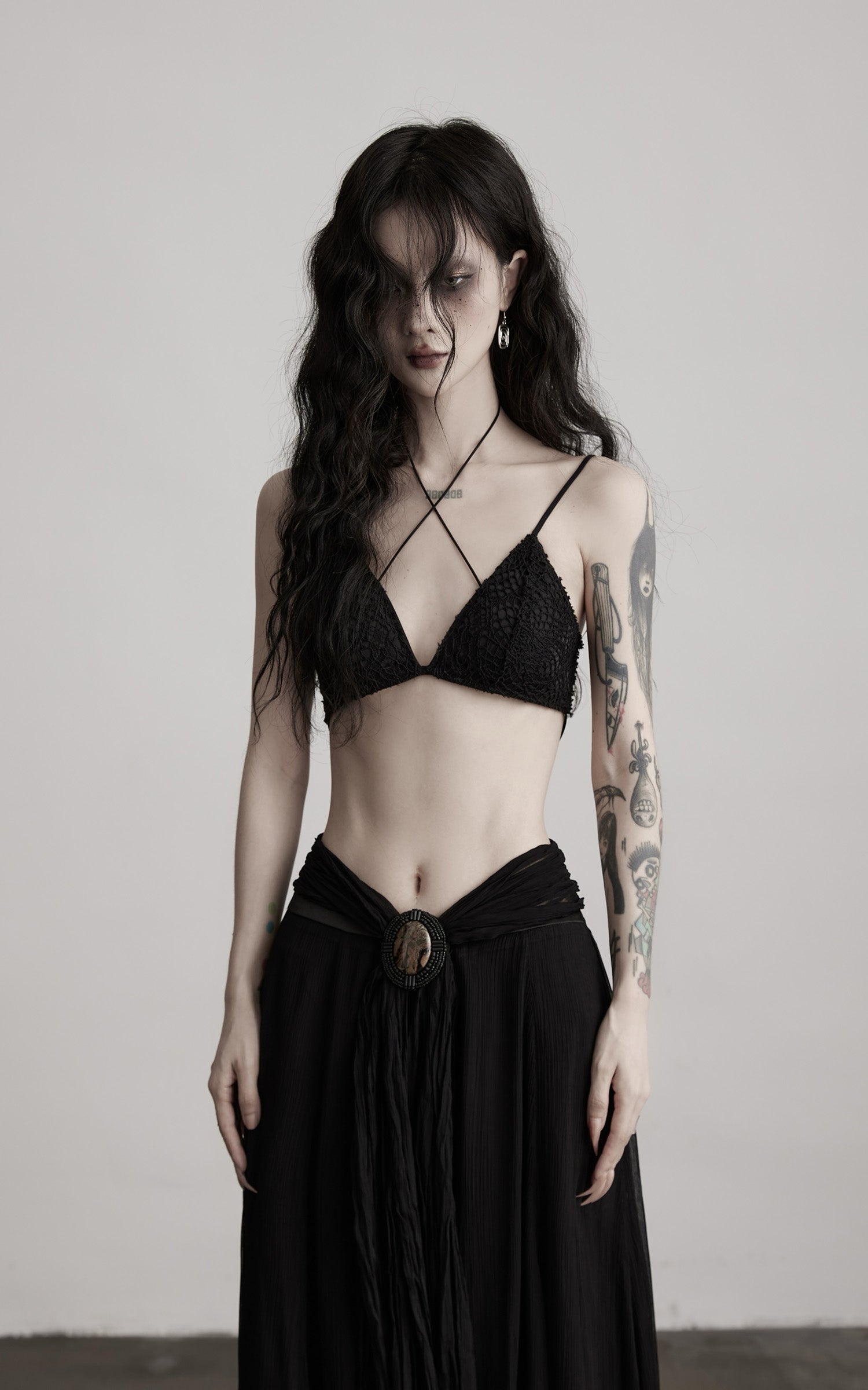 INDULGE Strappy Lace Bralette – Gothic Crochet Texture with Minimal Silhouette